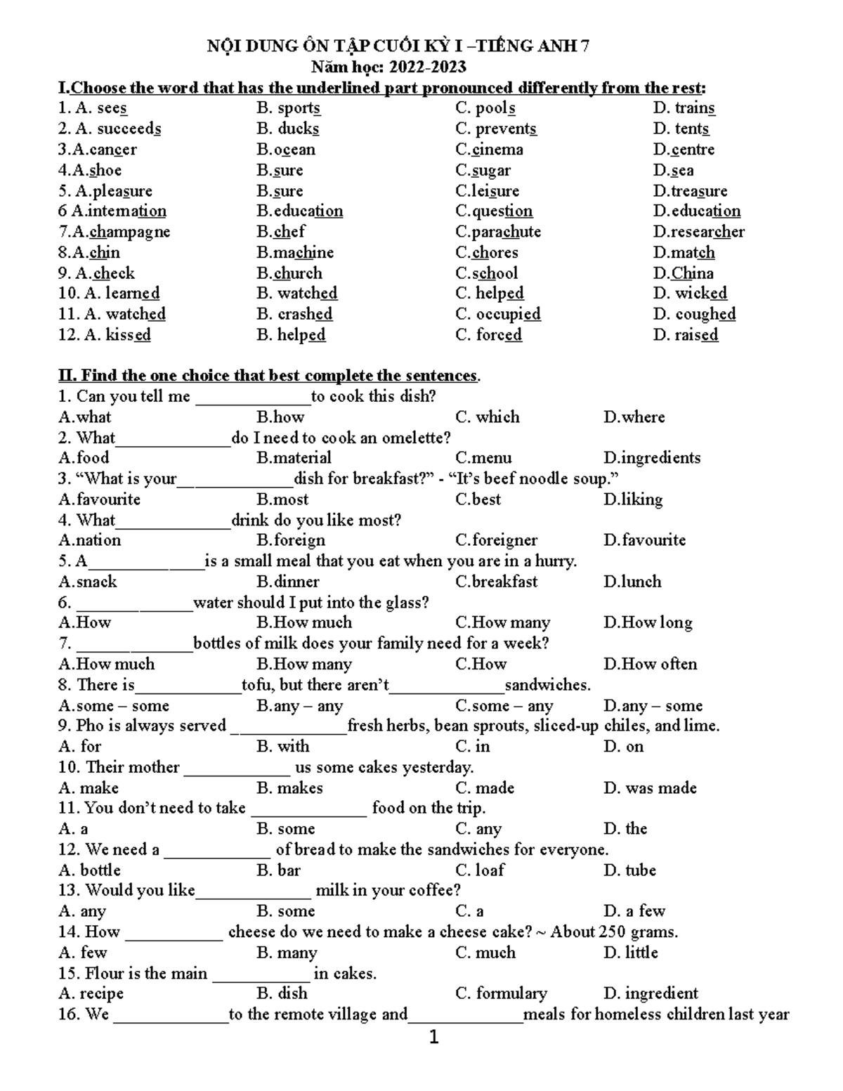 KHOI 7 ON TAP KTCK1 - Revision - NỘI DUNG ÔN TẬP CUỐI KỲ I –TIẾNG ANH 7 ...