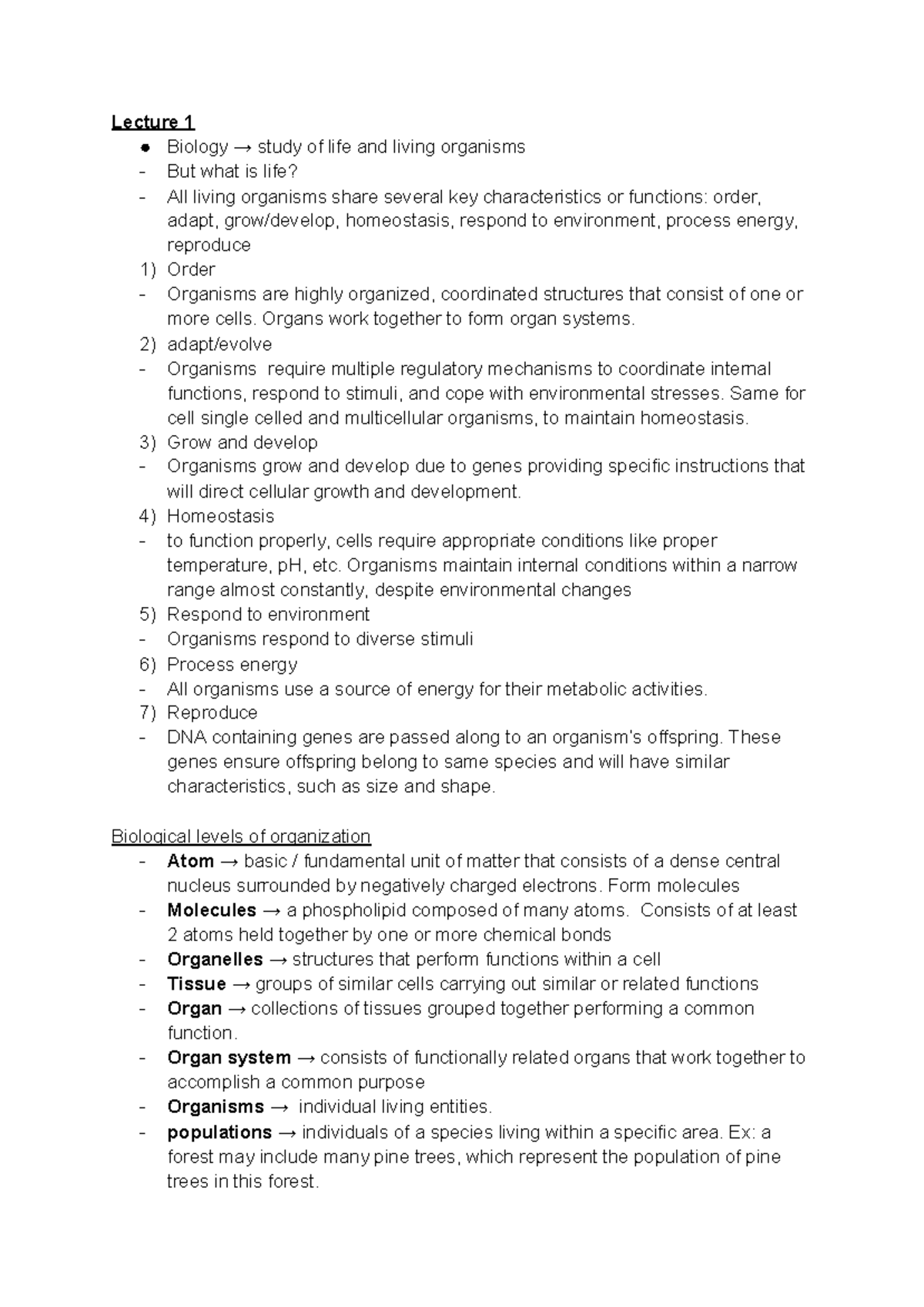 Bio 1140 - Lecture 1 notes - Lecture 1 Biology → study of life and ...