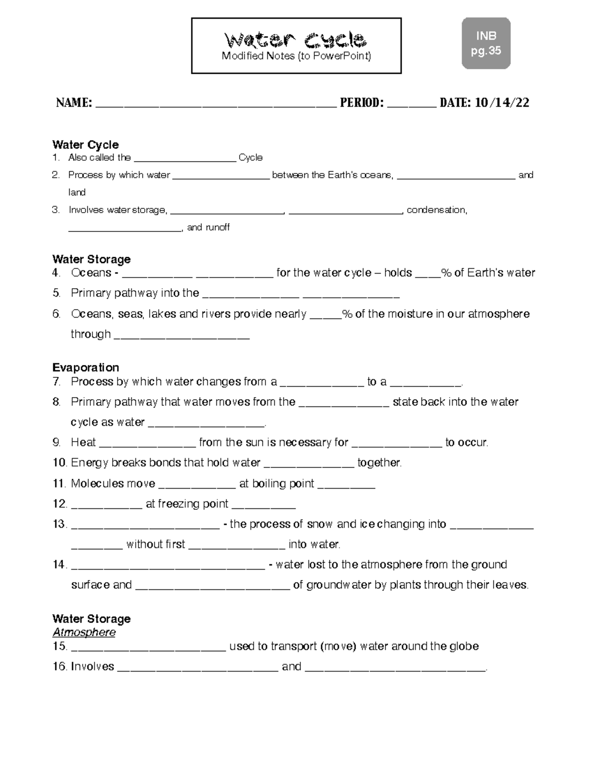 Water Cycle Modified Notes to PPT student copy - Water Cycle Also ...