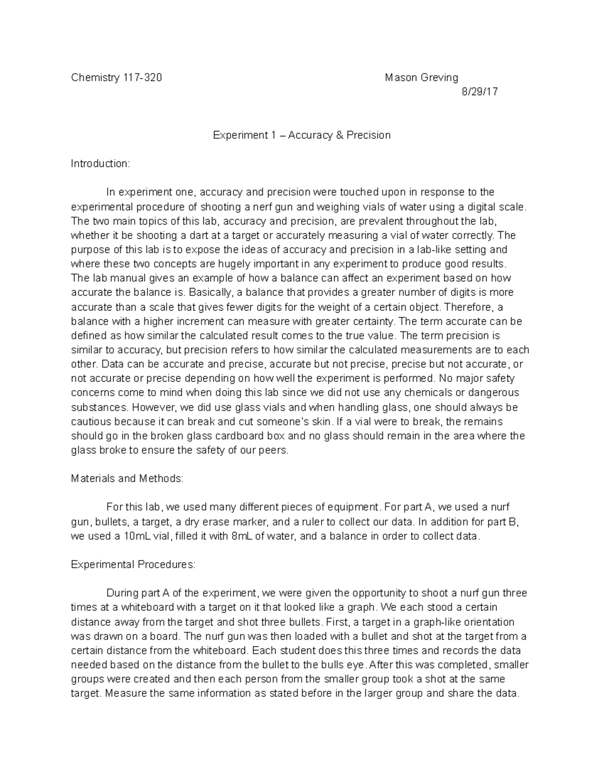 Chem Lab #1 - Lab #1 - Chemistry Mason Greving Experiment 1 Accuracy ...