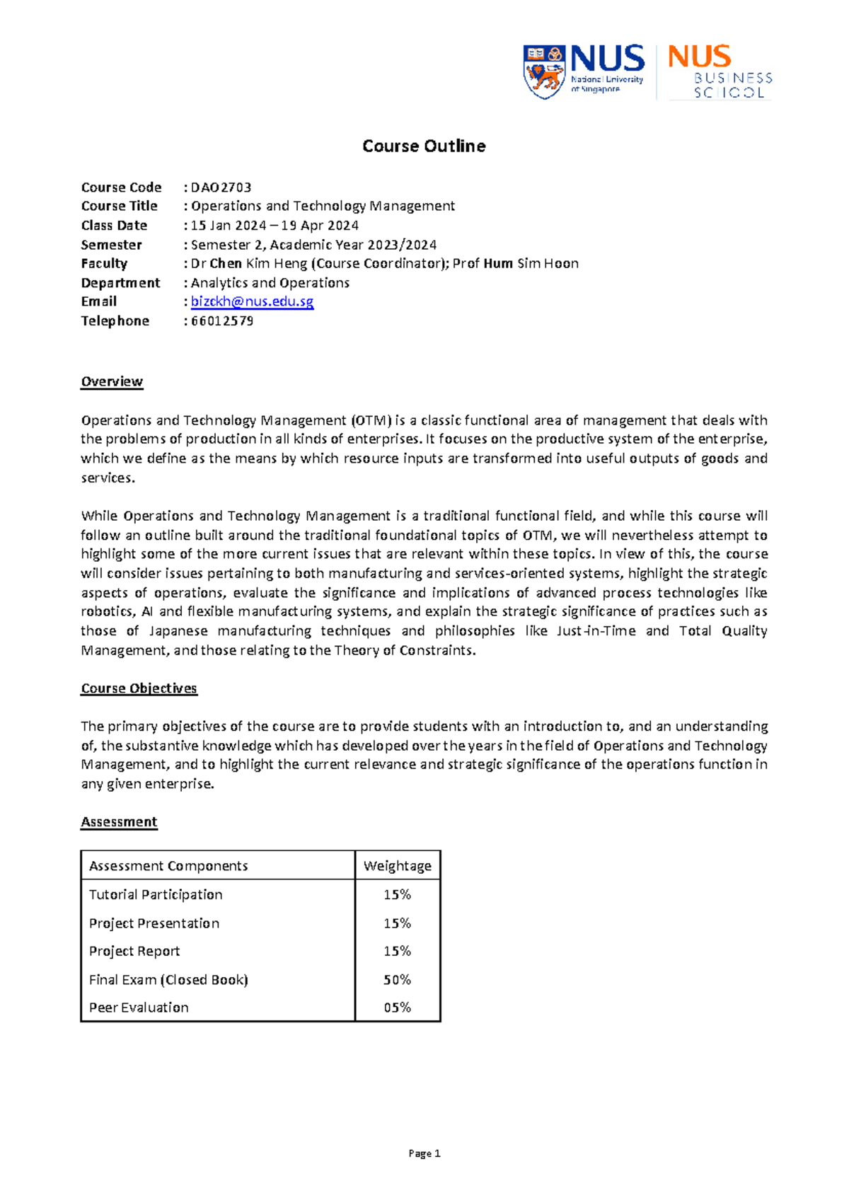 Dao2703 course outline - Page 1 Course Outline Course Code : DAO Course ...
