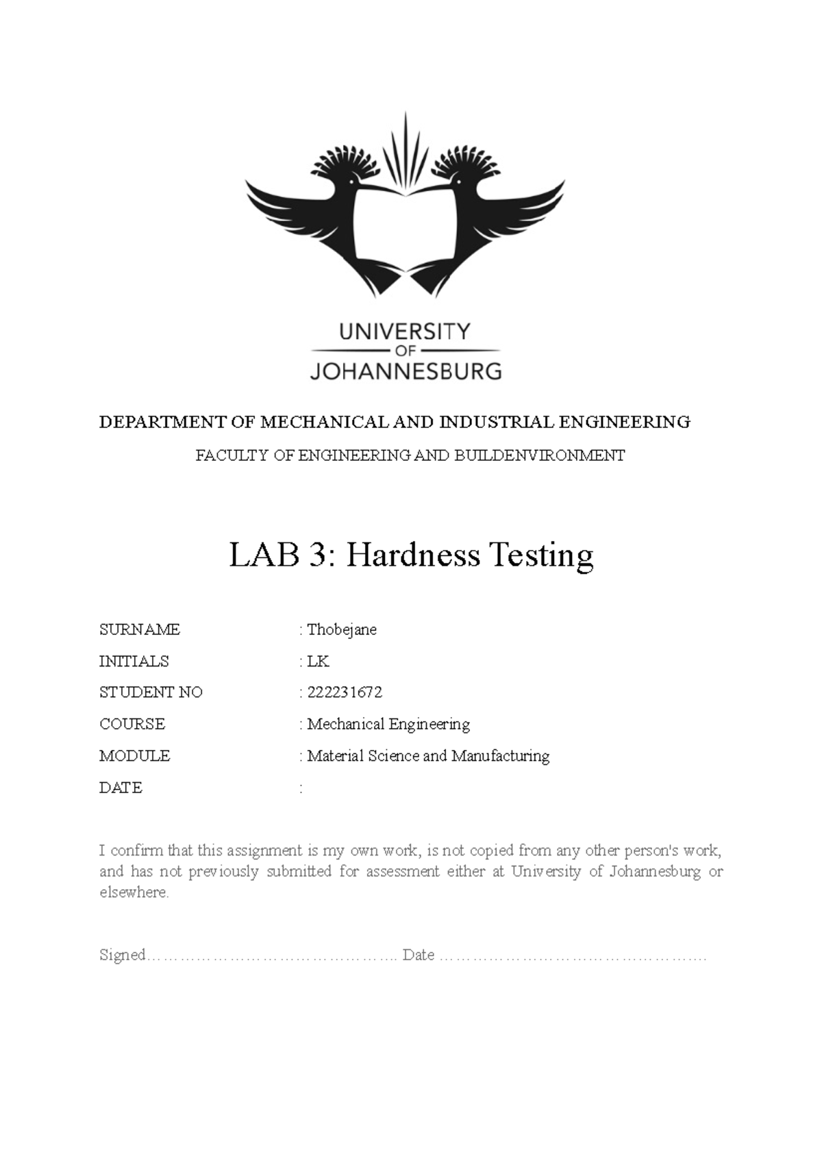 645300145 LAB 3 Rockwell Hardness Testing DEPARTMENT OF MECHANICAL