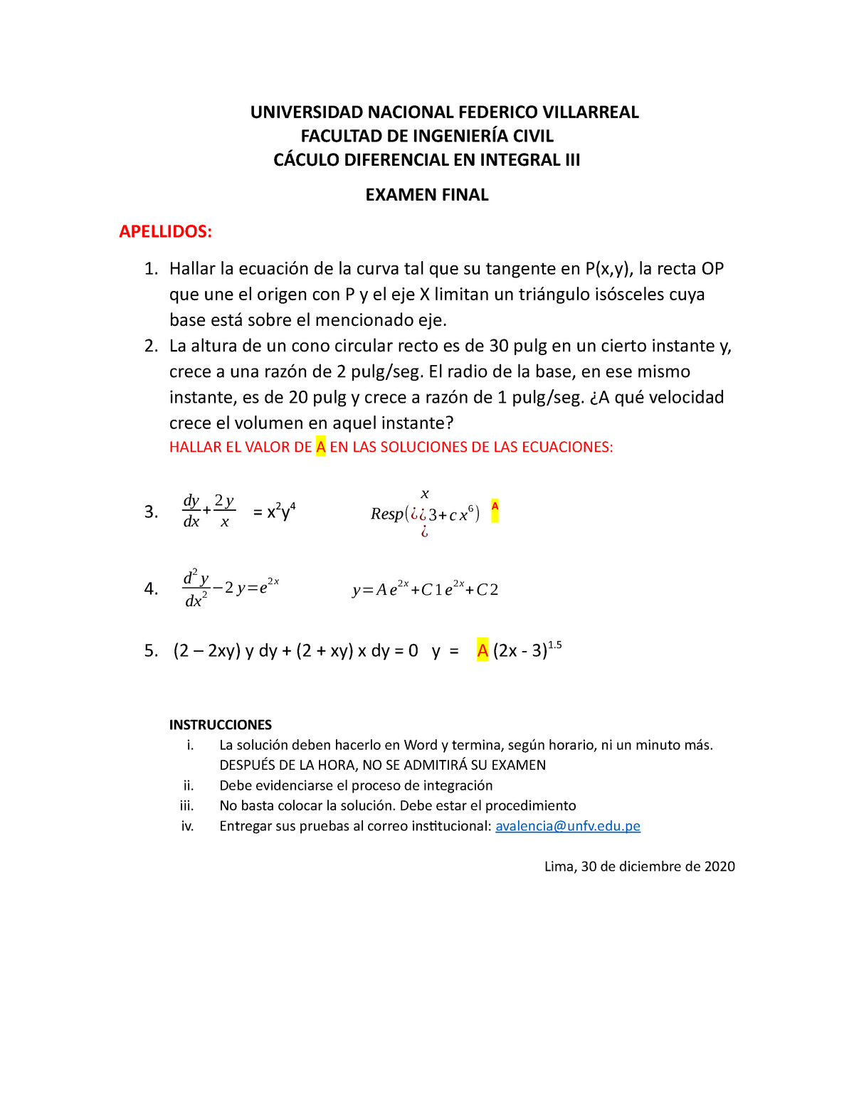 Examen Final Calculo DIFERENCIAL E INTEGRAL - Calculo II - UNFV - Studocu