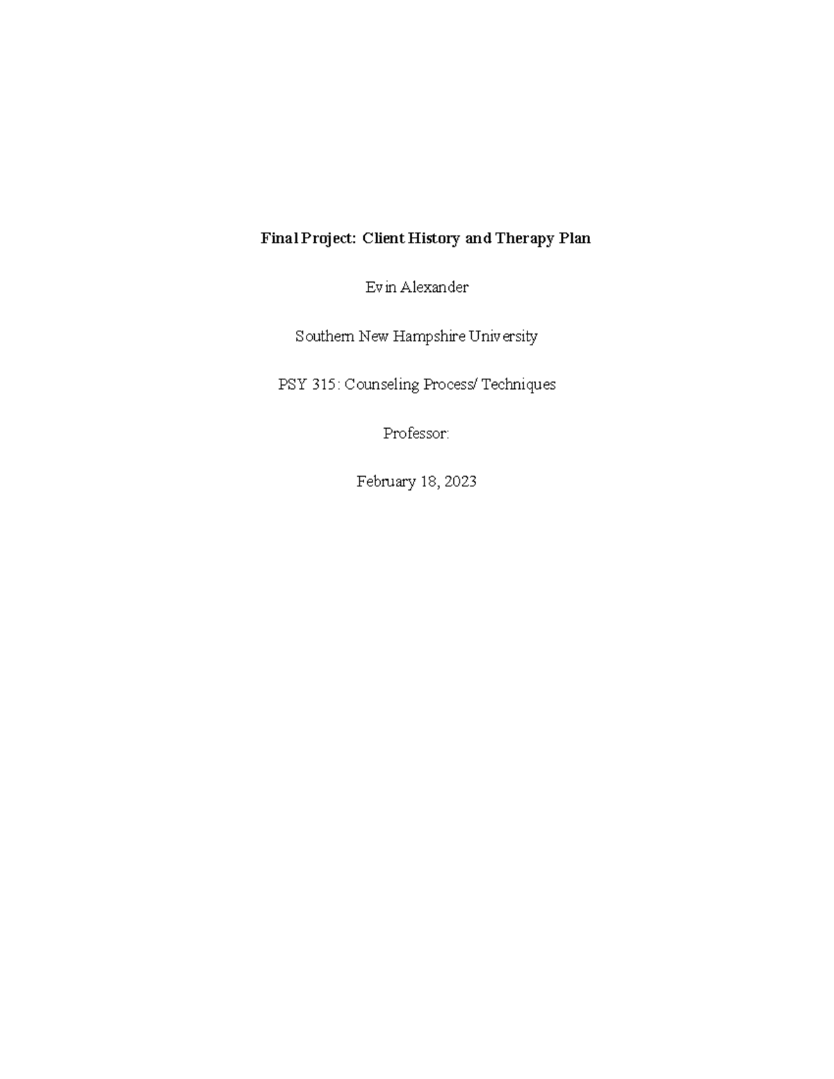 Final Project - work - Final Project: Client History and Therapy Plan ...