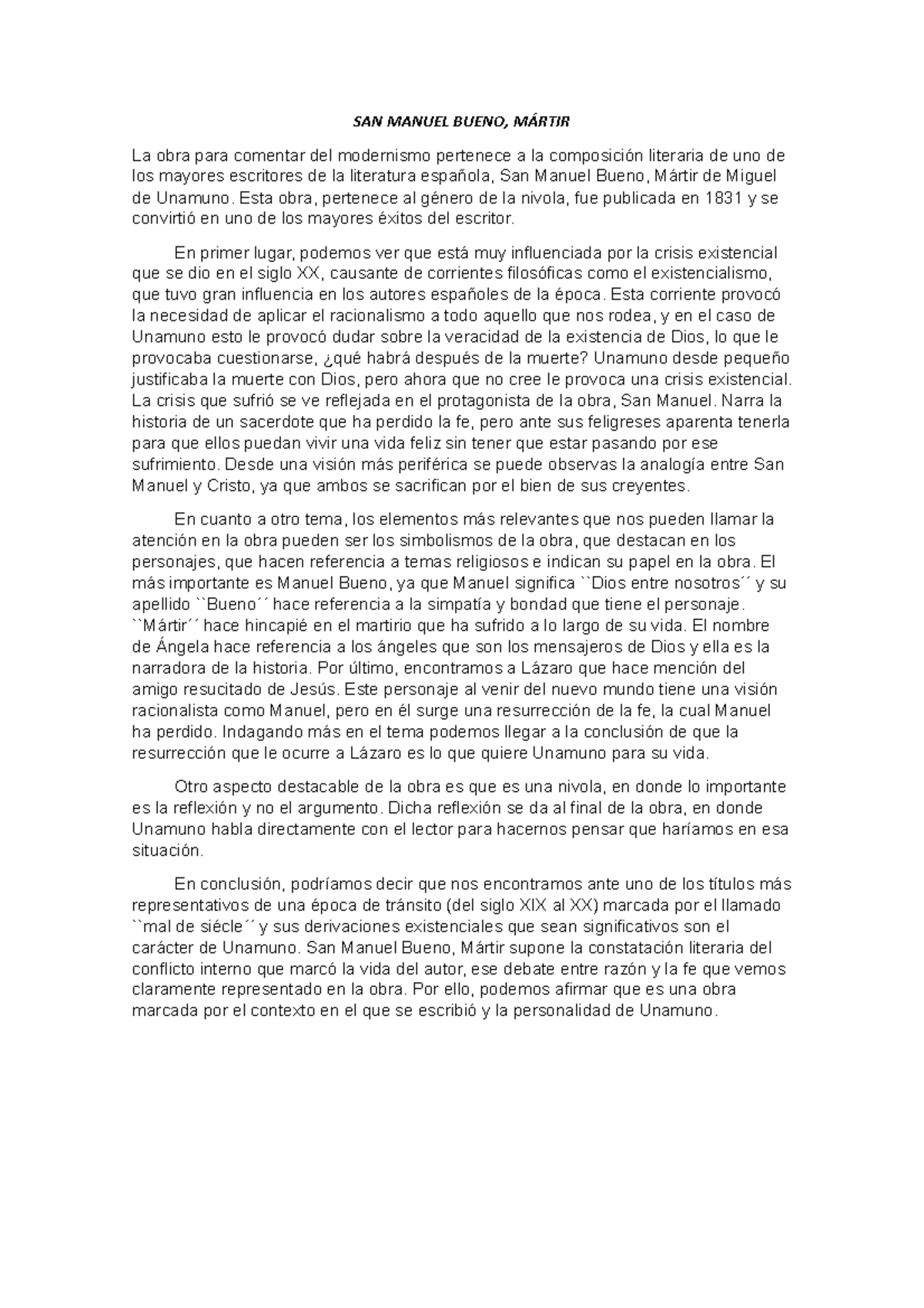 SAN Manuel Bueno Resumen Libro SAN MANUEL BUENO, MÁRTIR La obra