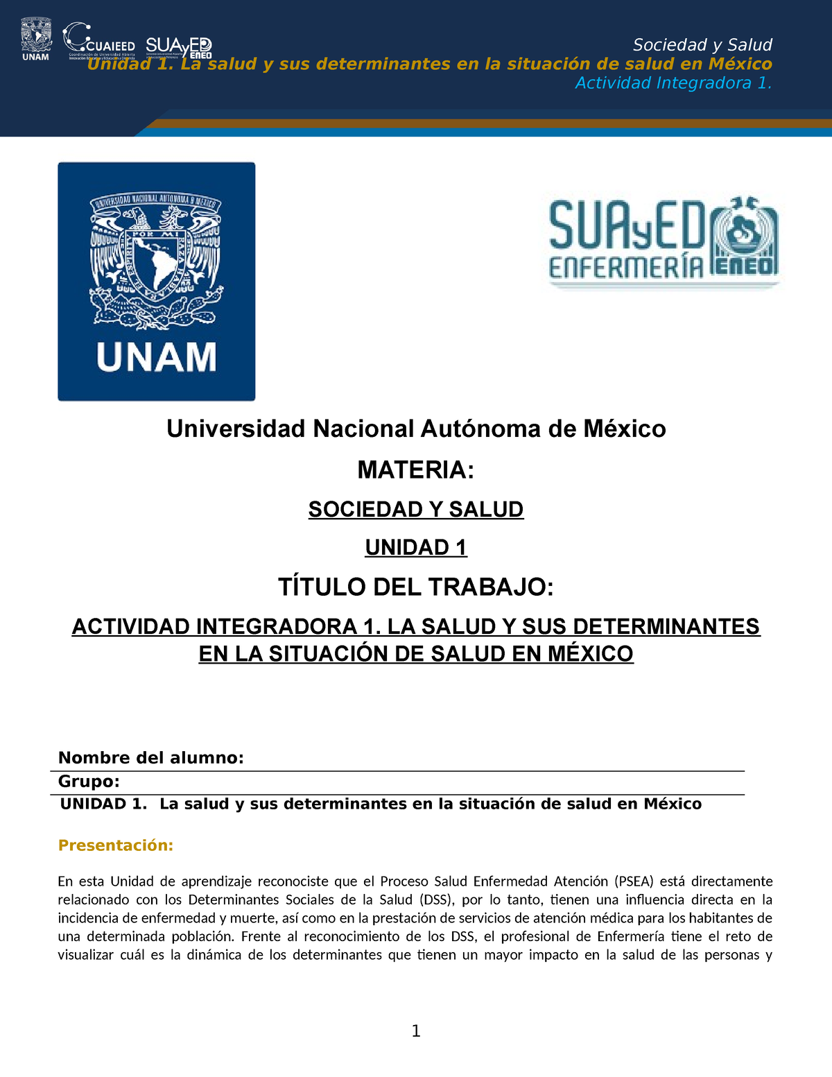 U1 ACT - ACT - Unidad 1. La Salud Y Sus Determinantes En La Situación ...