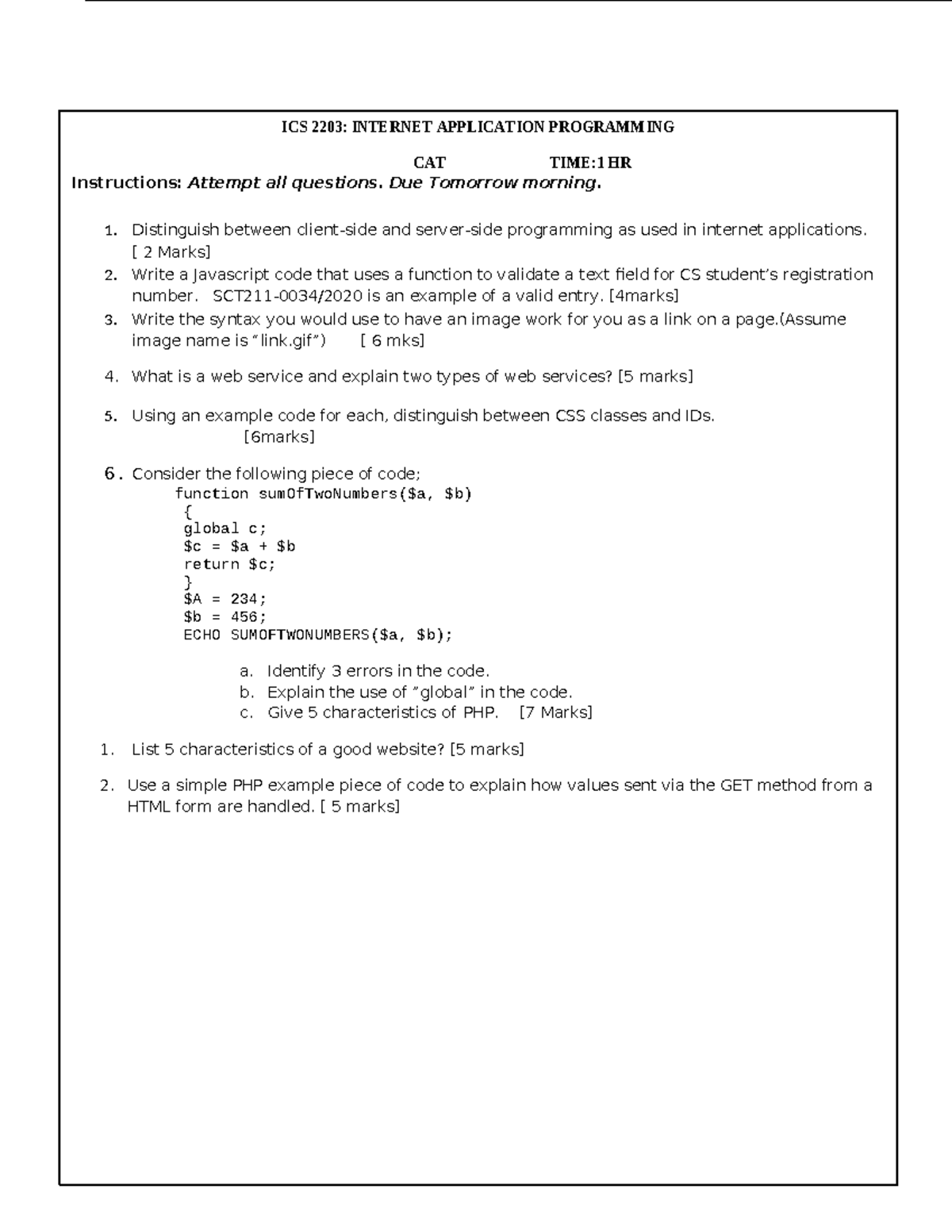 Internet application programming take away - ICS 2203: INTERNET ...