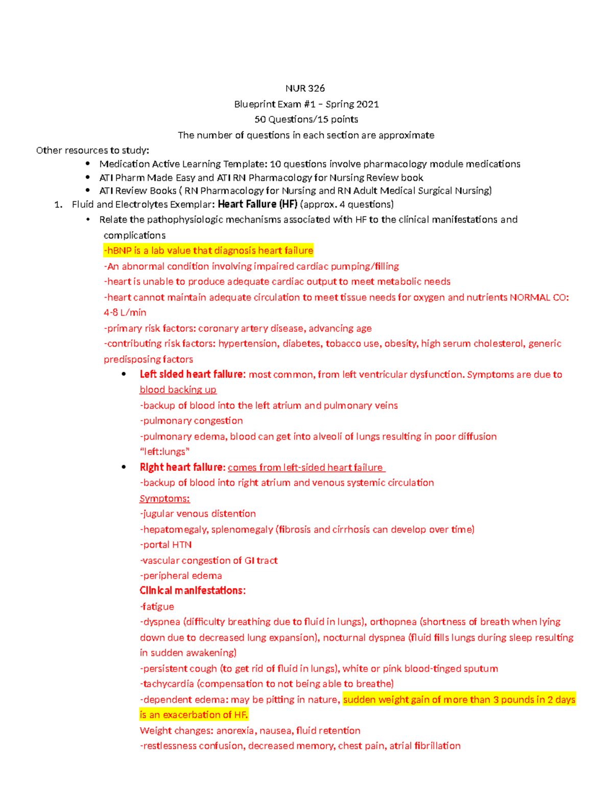 Adult health exam 1 - NUR 326 Blueprint Exam #1 – Spring 2021 50 ...