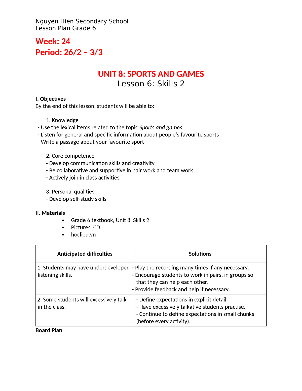 Week 24 English Lesson Plan Grade 6 Week 24 Period 262 3 Unit 8 Sports And Games 9451