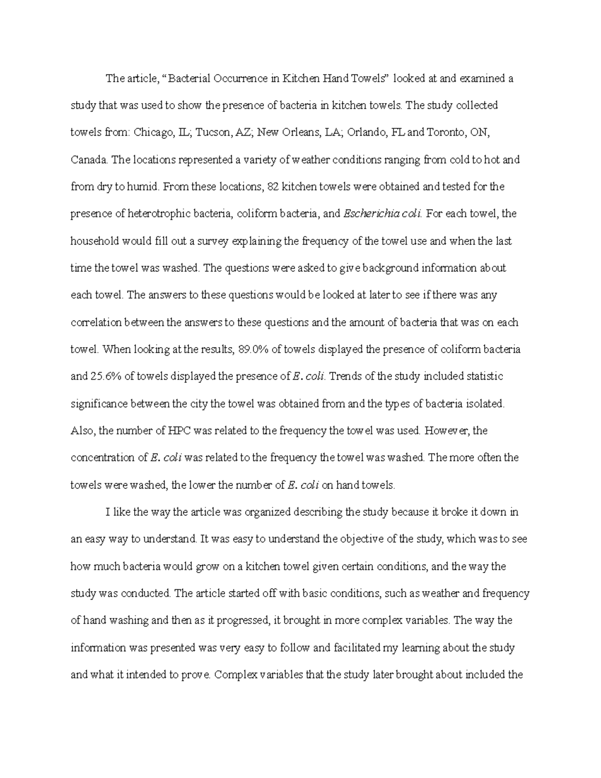 Hand Towel Bacteria The article, “Bacterial Occurrence in Kitchen