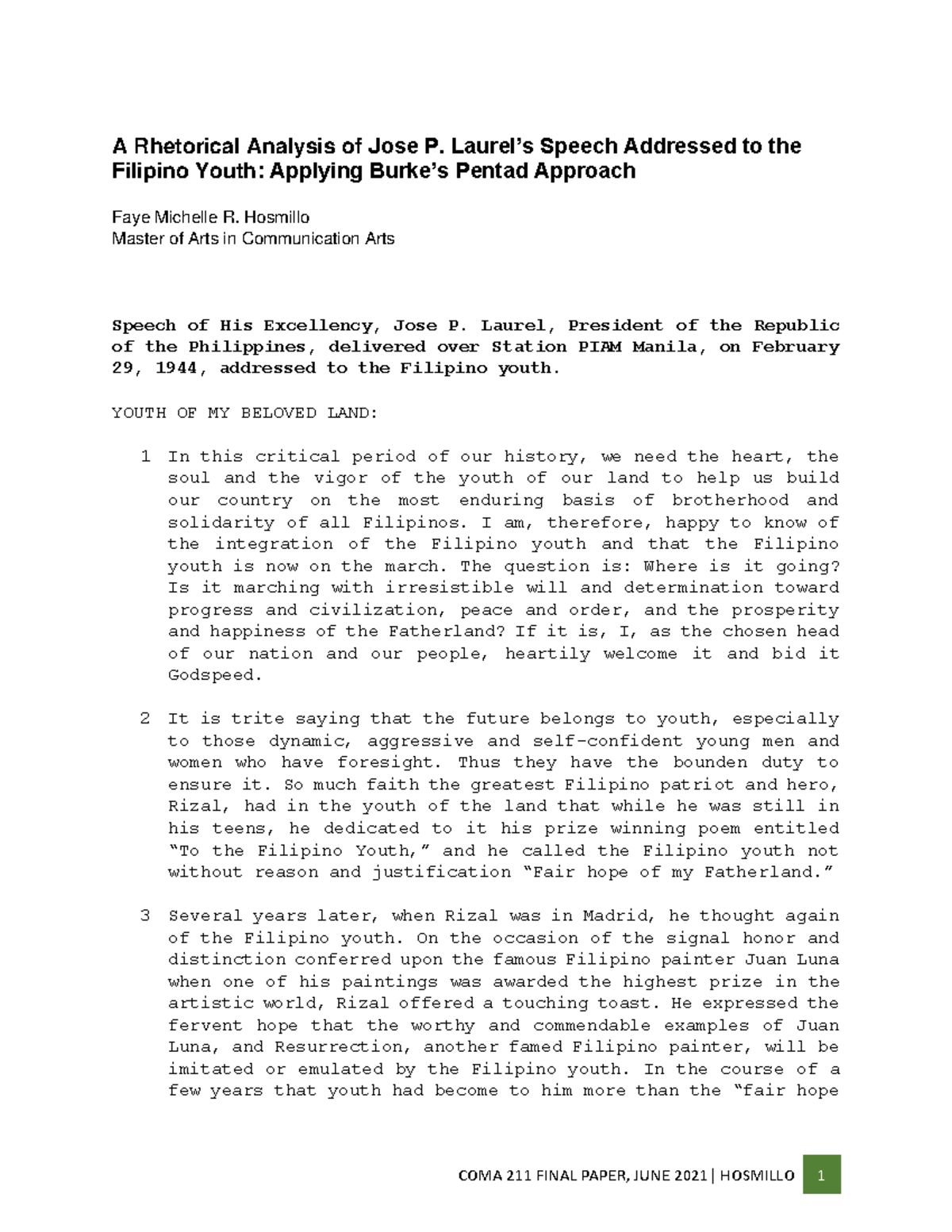 A Rhetorical Analysis of Jose P. Laurel’s Speech Addressed to the