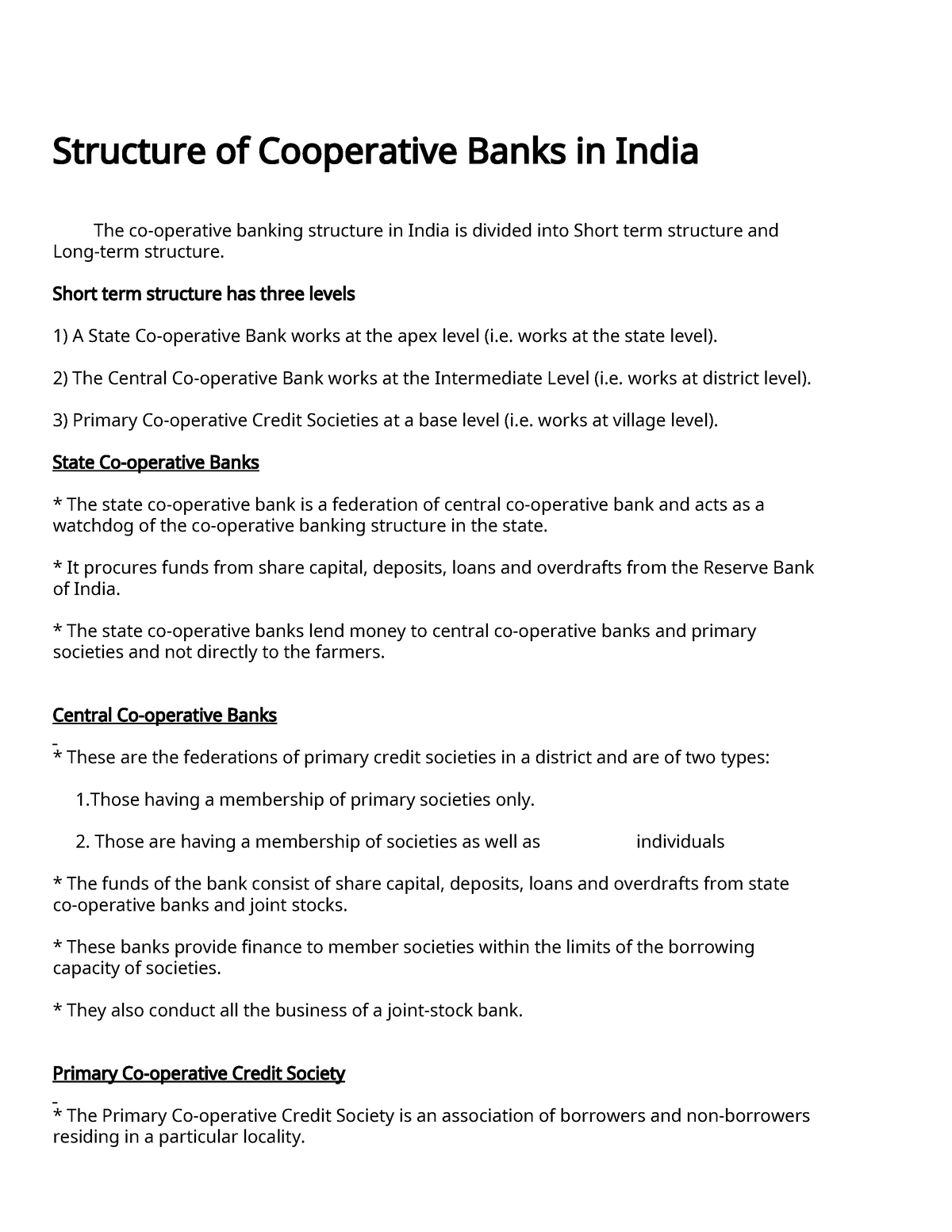 Structure Of Cooperative Bank Short Term Structure Has Three Levels A 