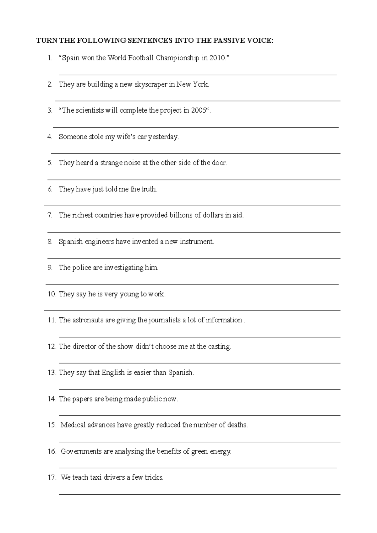 Active Sentences to passive - TURN THE FOLLOWING SENTENCES INTO THE ...