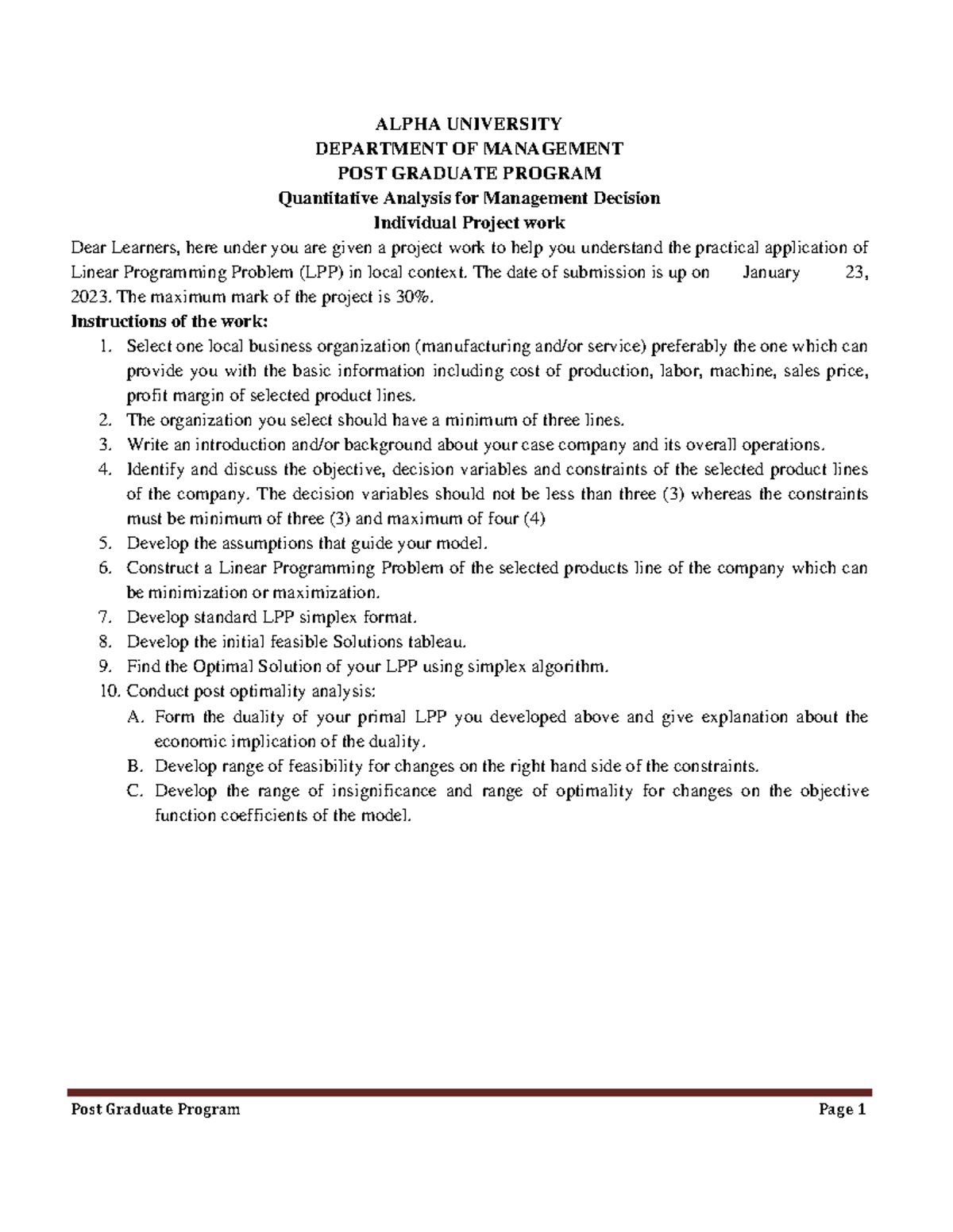 OR Project Work Alpha (2) - Post Graduate Program Page 1 ALPHA ...