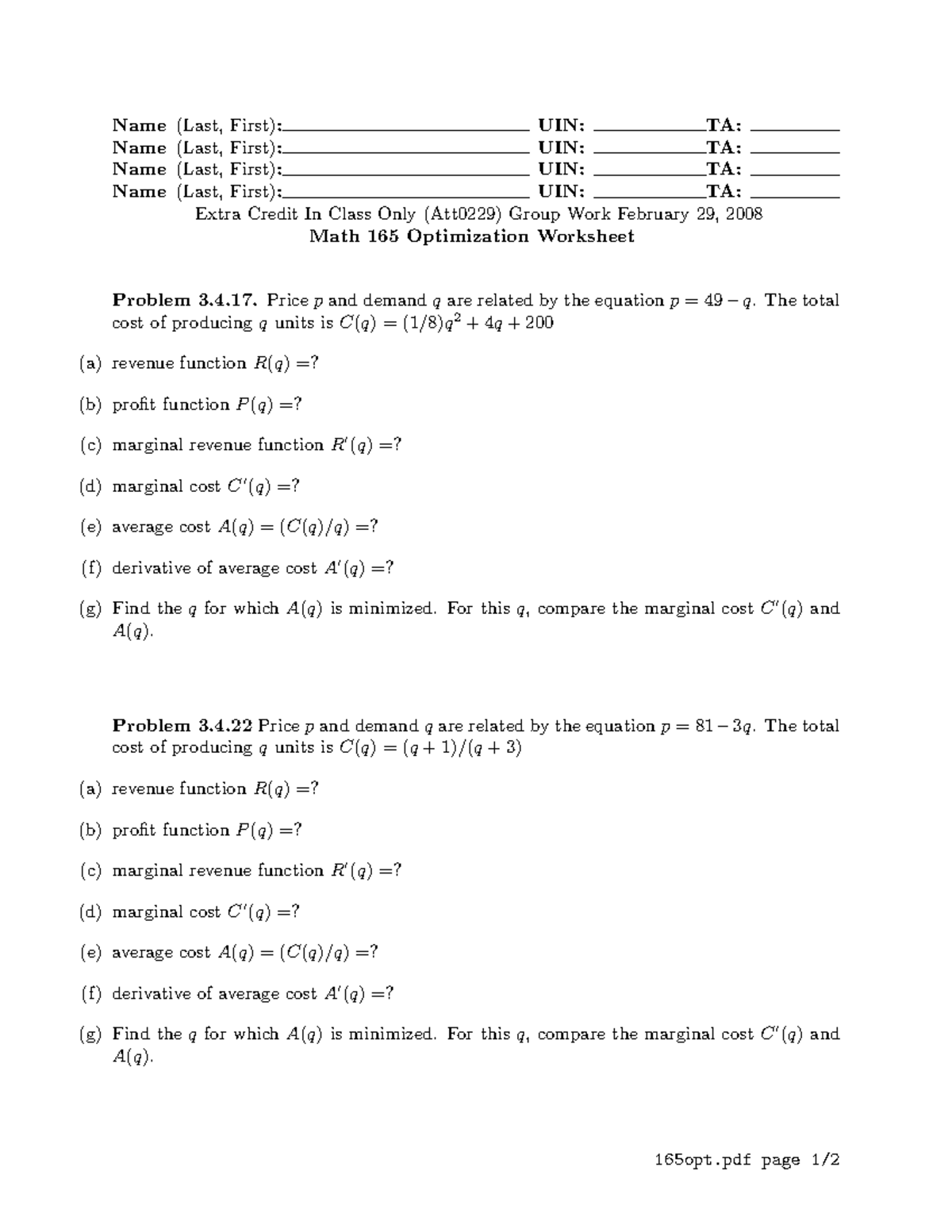 Math 165 Optimization Worksheet Name Name Name Name Last First Uin Last First Studocu