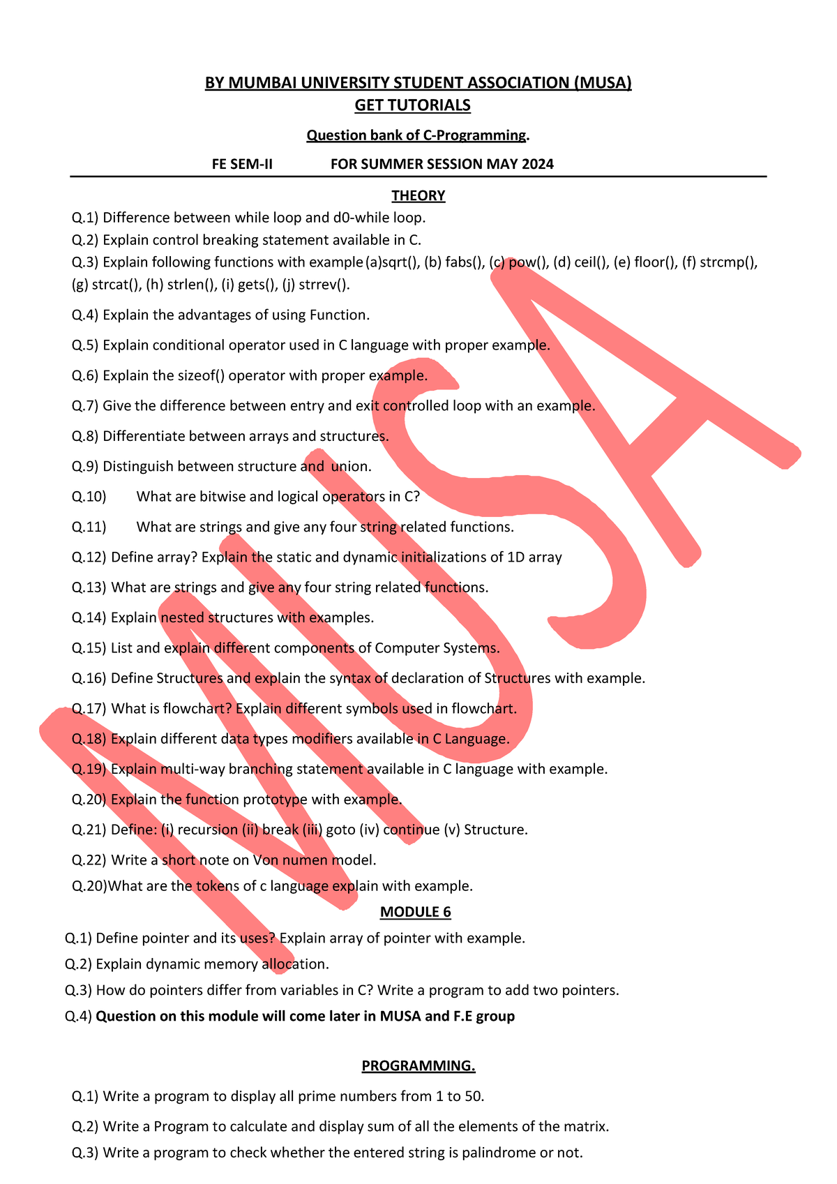 C-Programming - FE SEM-II FOR SUMMER SESSION MAY 2024 THEORY Q ...