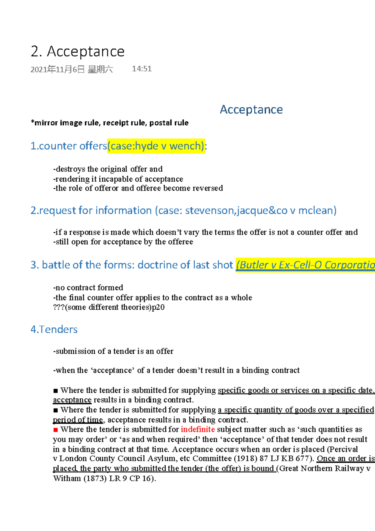 2. Acceptance of contract law - Acceptance *mirror image rule, receipt ...