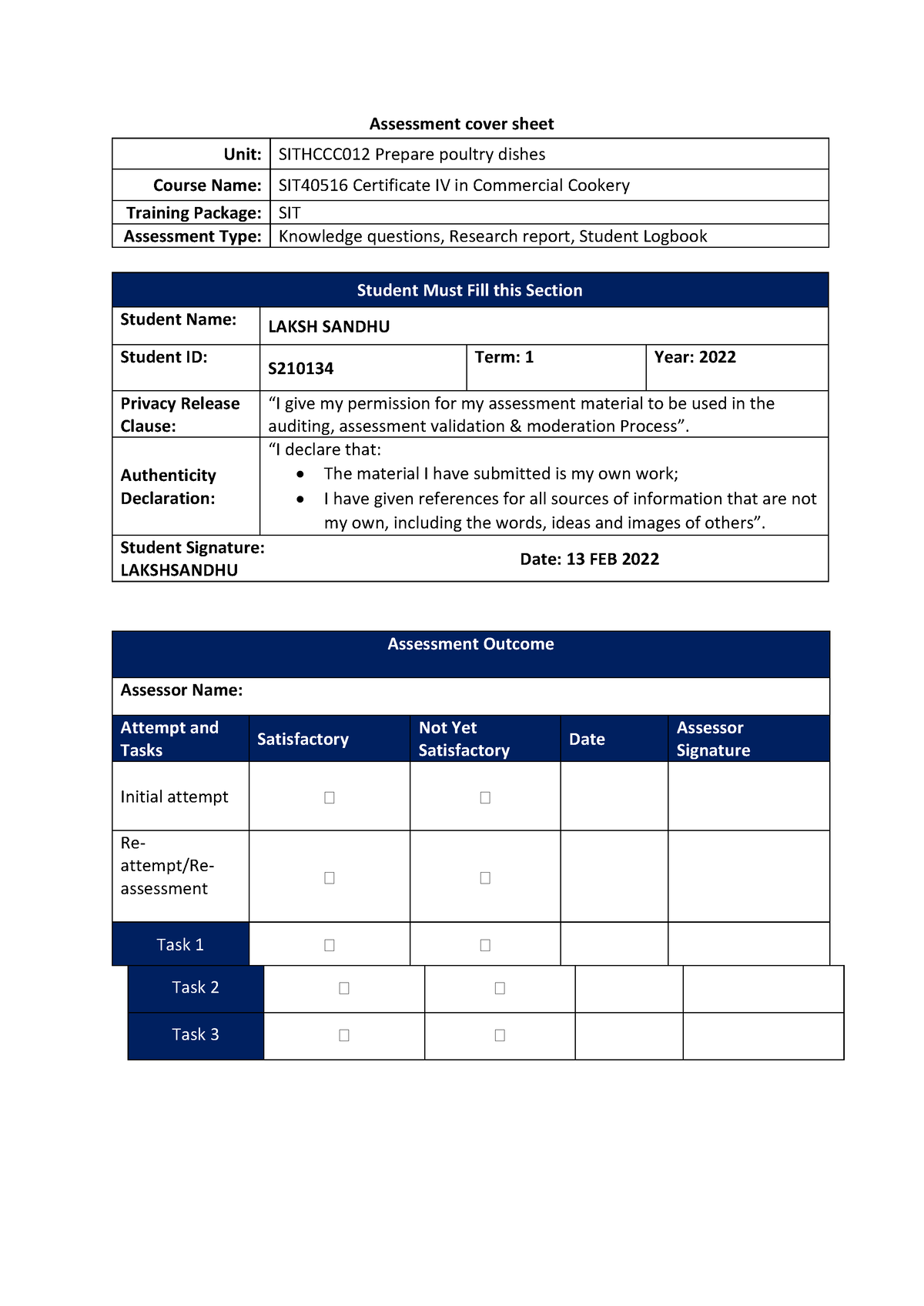 Sithccc 012 Laksh(AT1) - Assessment cover sheet Unit: SITHCCC012 ...