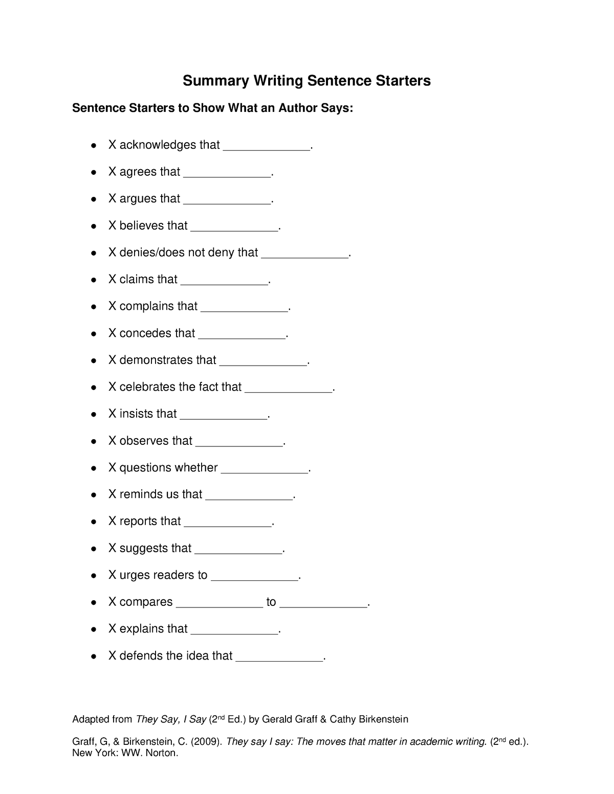 Summary Writing Sentence Starters - Adapted from They Say, I Say (2nd 