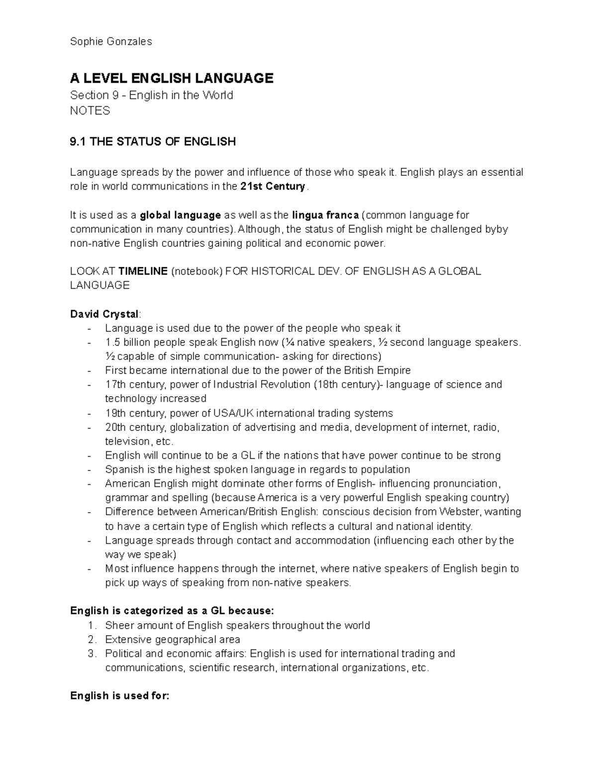 English in the World - Notes - A LEVEL ENGLISH LANGUAGE Section 9 ...