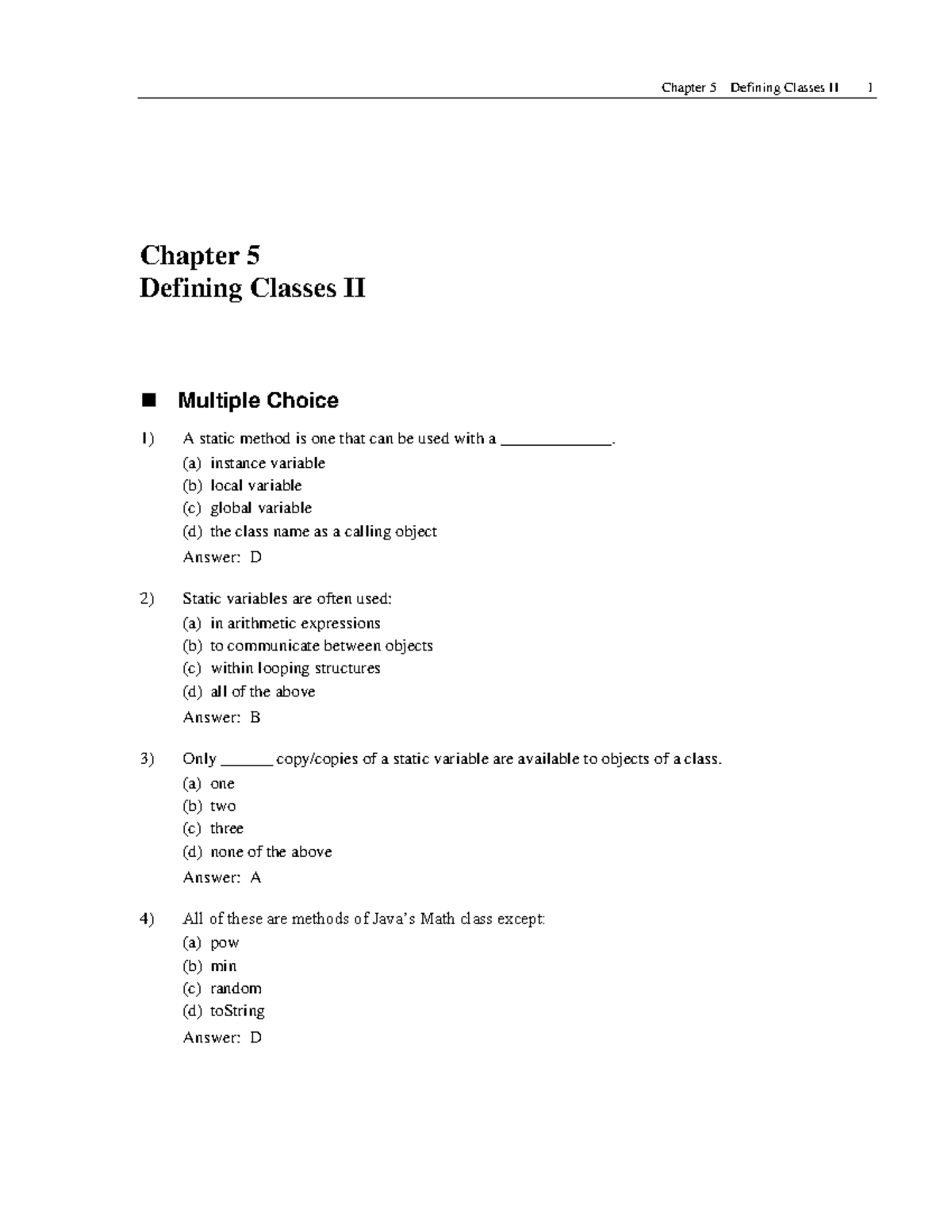 Chapter 5 TB - 퀴즈입니자 - Chapter 5 Defining Classes II Multiple Choice A ...
