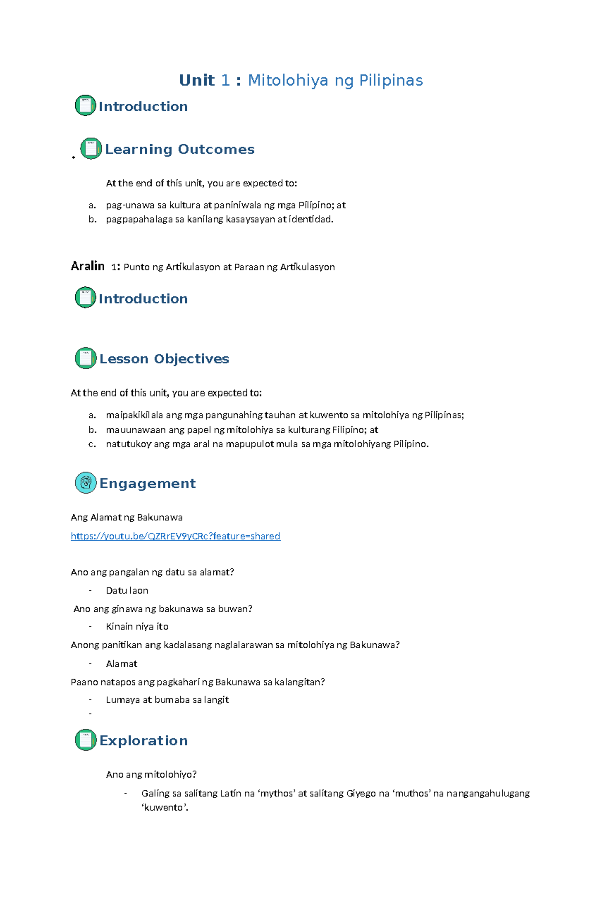 5Es - Unit 1 : Mitolohiya ng Pilipinas Introduction * Learning Outcomes ...