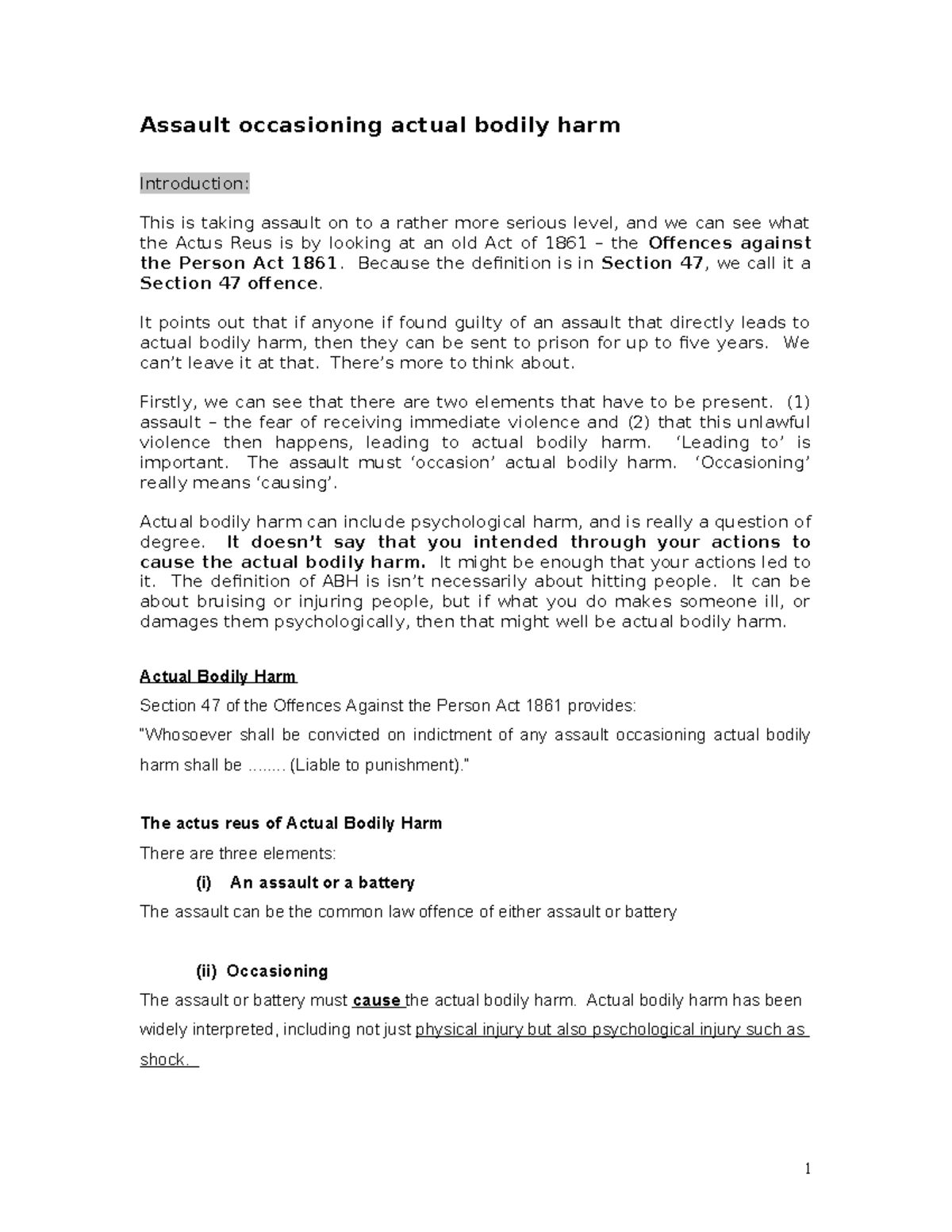 ABH Booklet - Assault occasioning actual bodily harm Introduction: This ...