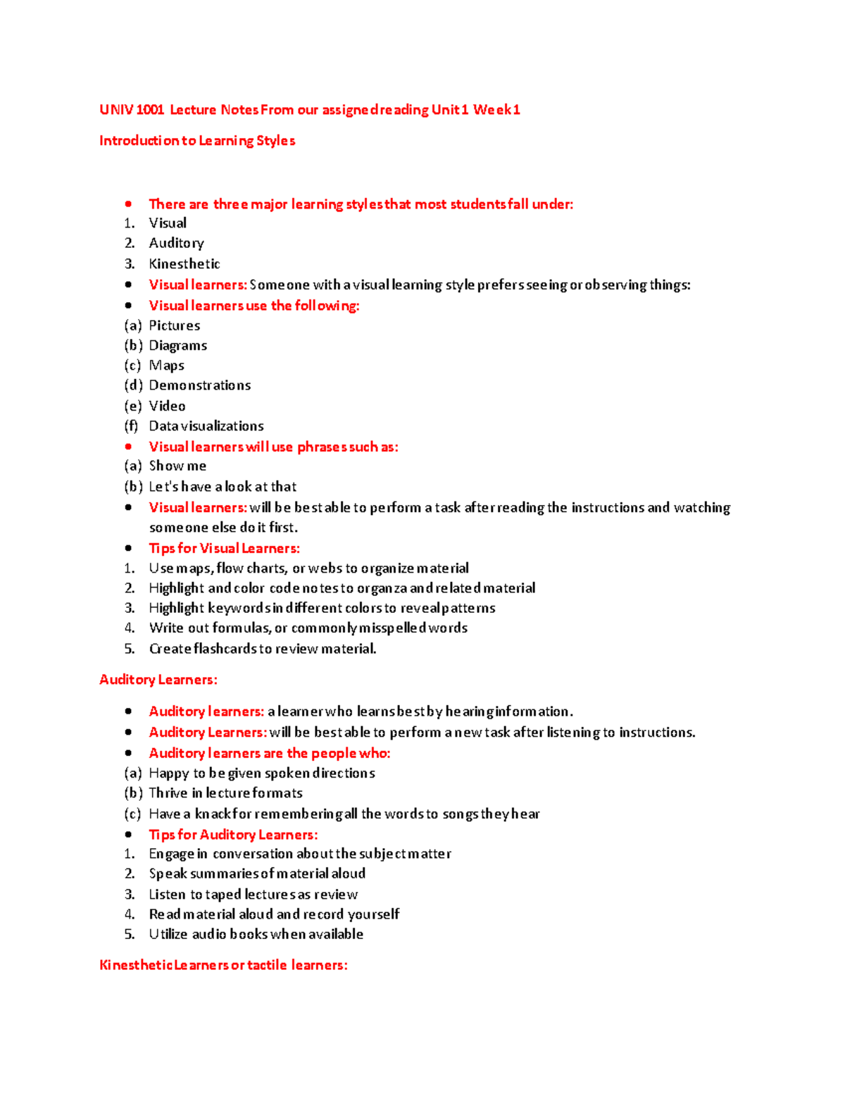 UNIV 1001 Lecture Notes From our assigned reading Unit 1 Week 1 - Tips ...