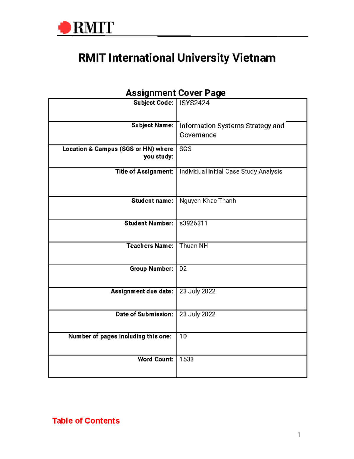 Information System Strategy Assignment 1 - RMIT International ...