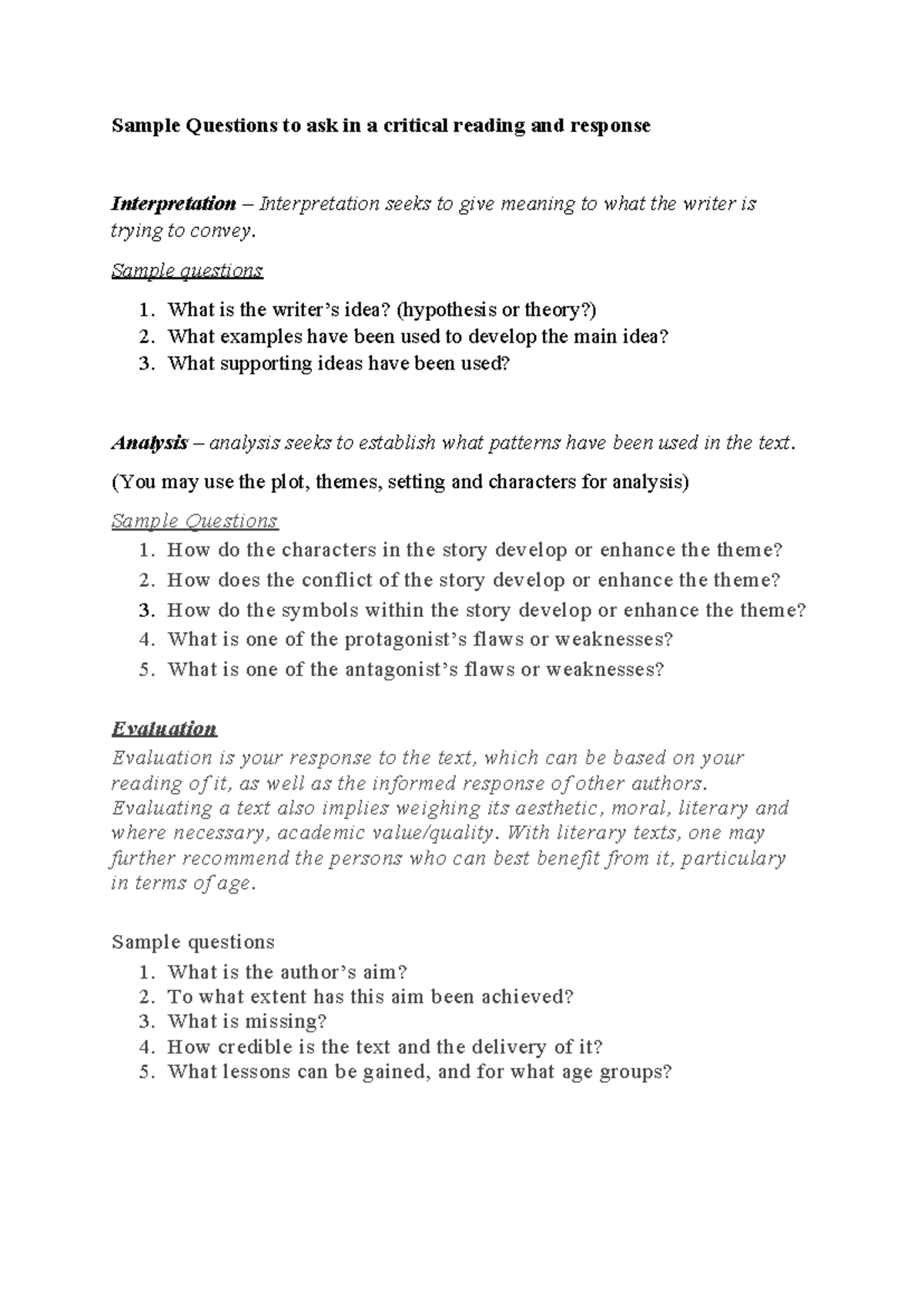 Guideline For Literary Analysis, Interpretation And Evaluation - Sample 