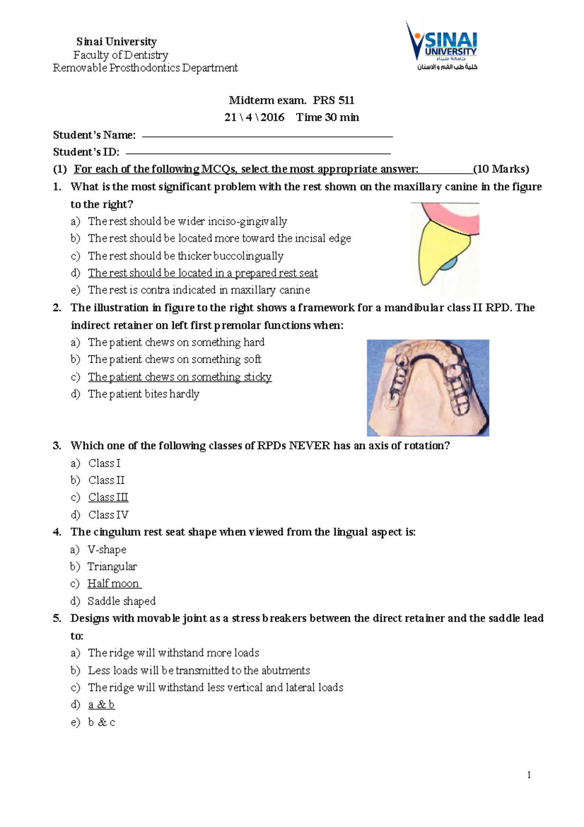 Midterm exam c3 Spring 2016 Faculty of Dentistry Removable