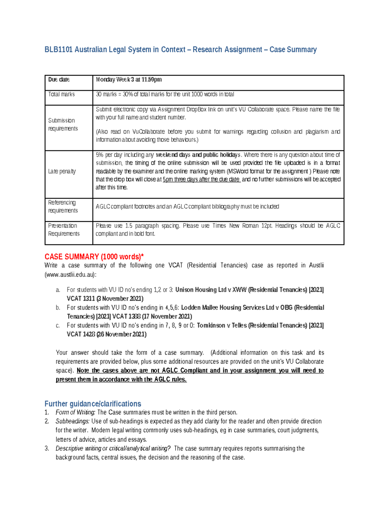Assessment 2: VCAT Assignment - BLB1101 Australian Legal System in ...