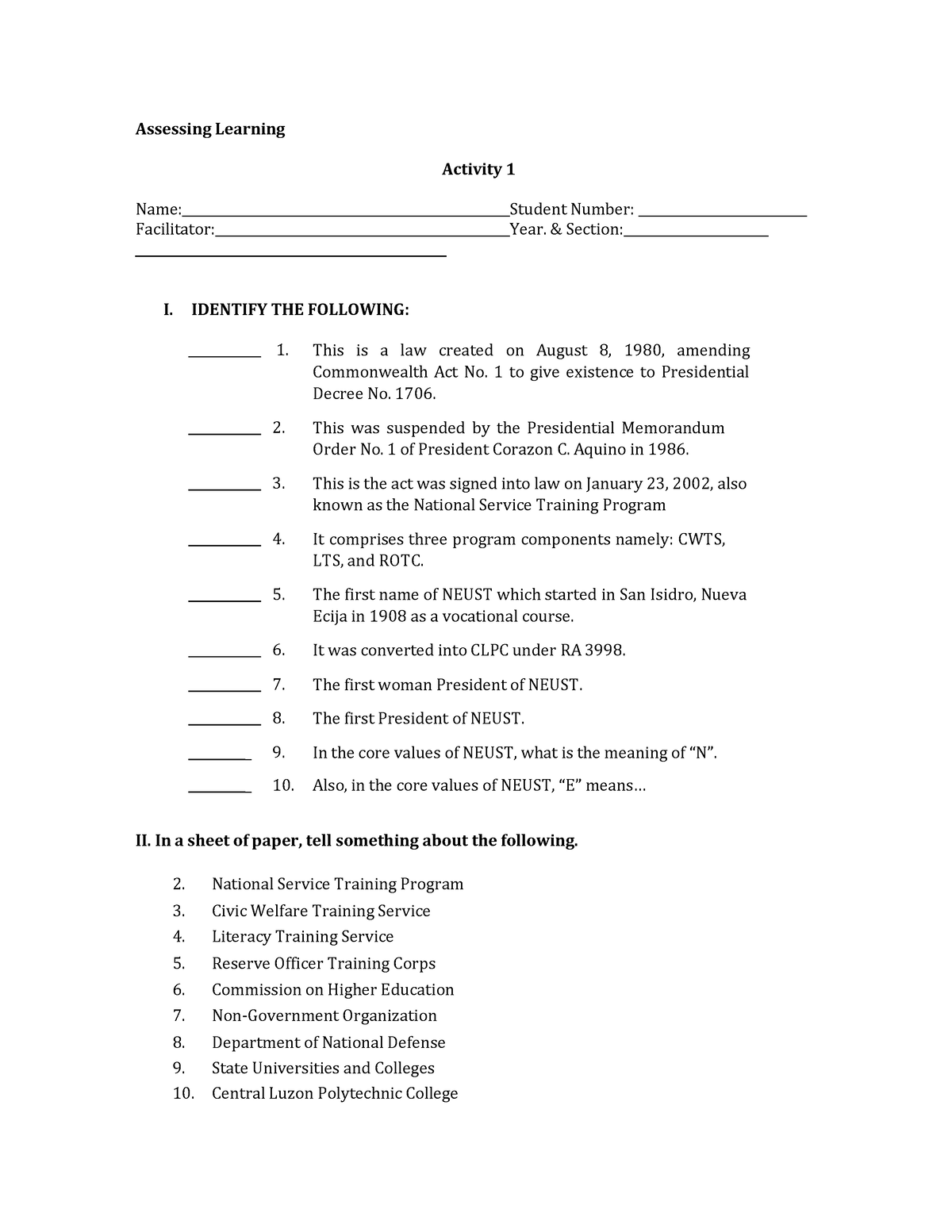 NSTP1 Activity 1 - Assessing Learning Activity 1 Name: _ Student Number ...