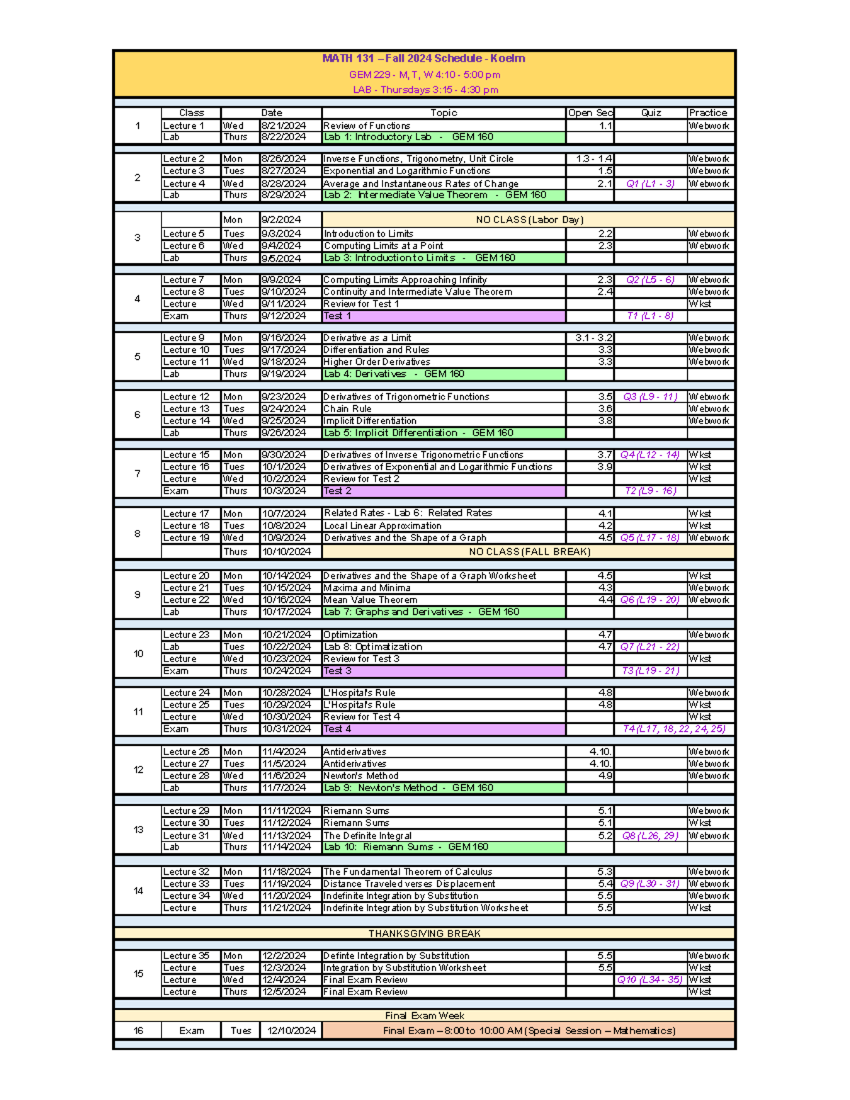 Calc Schedule and Line up - Class Topic Open Sec Quiz Practice Lecture ...