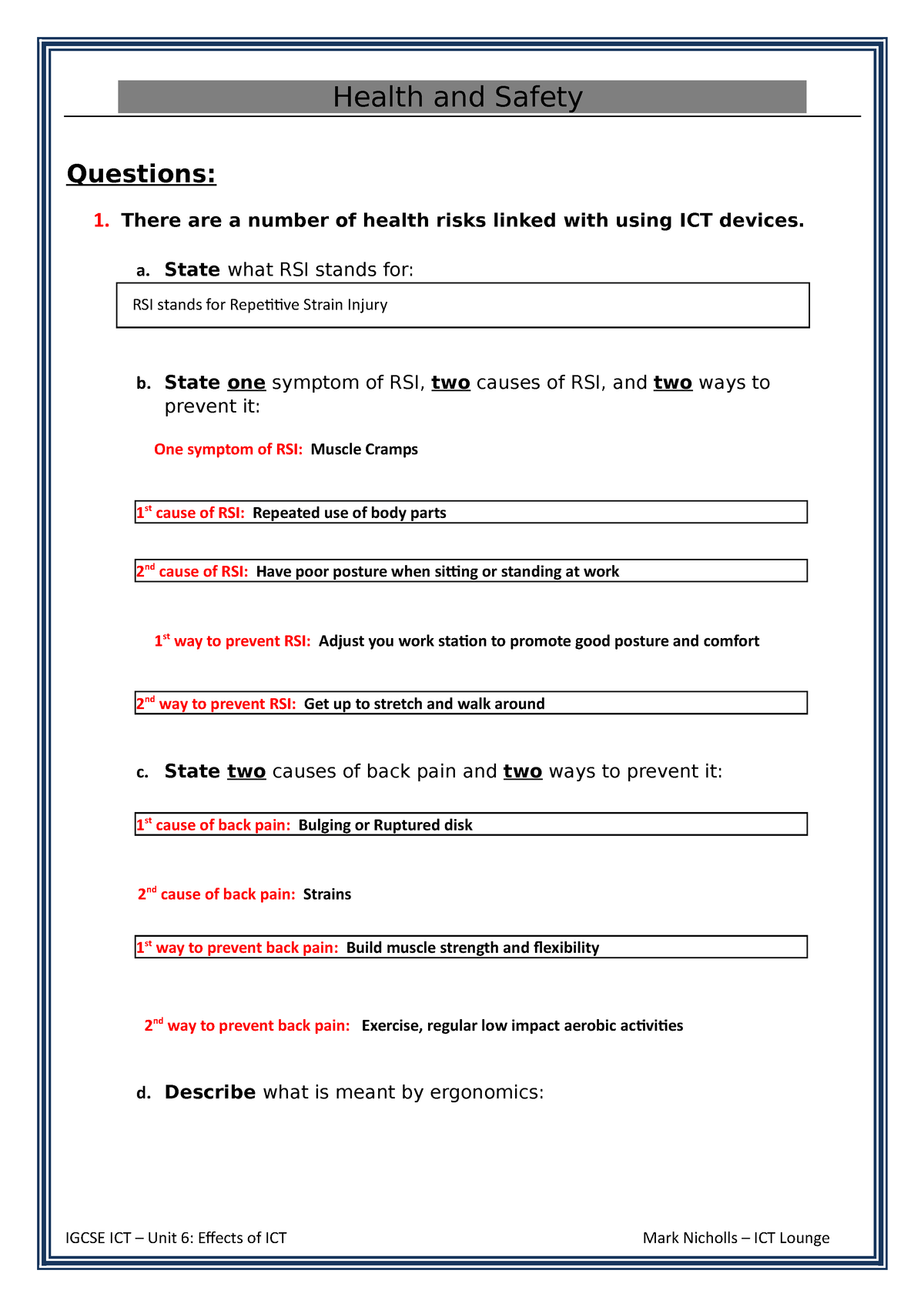 Health and Safety in the Use of ICT Health and Safety Questions 1