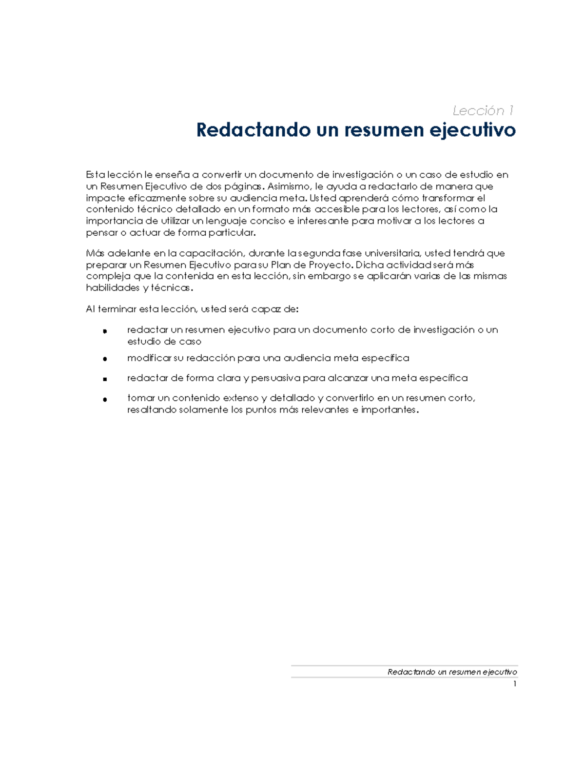 Redactando un resumen ejecutivo student guide lesson 0 - Lección 1 ...