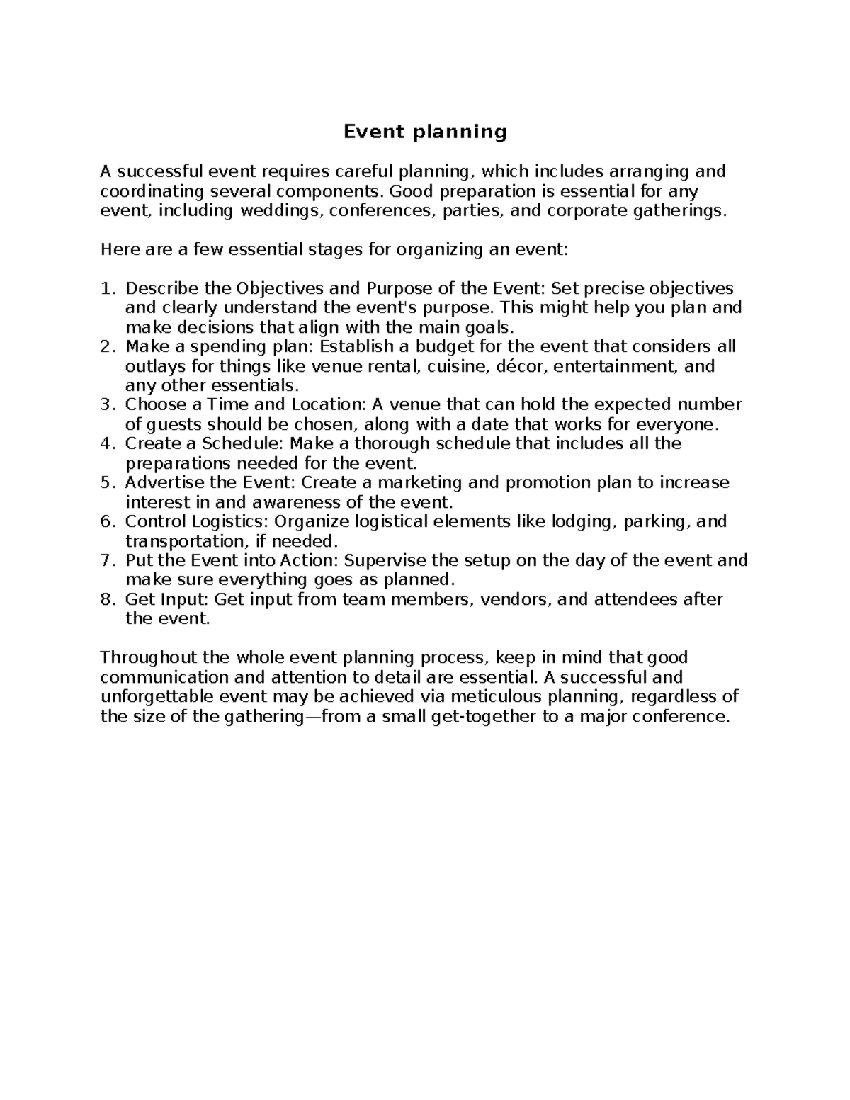 Event planning 105 - class learning activity - Event planning A ...