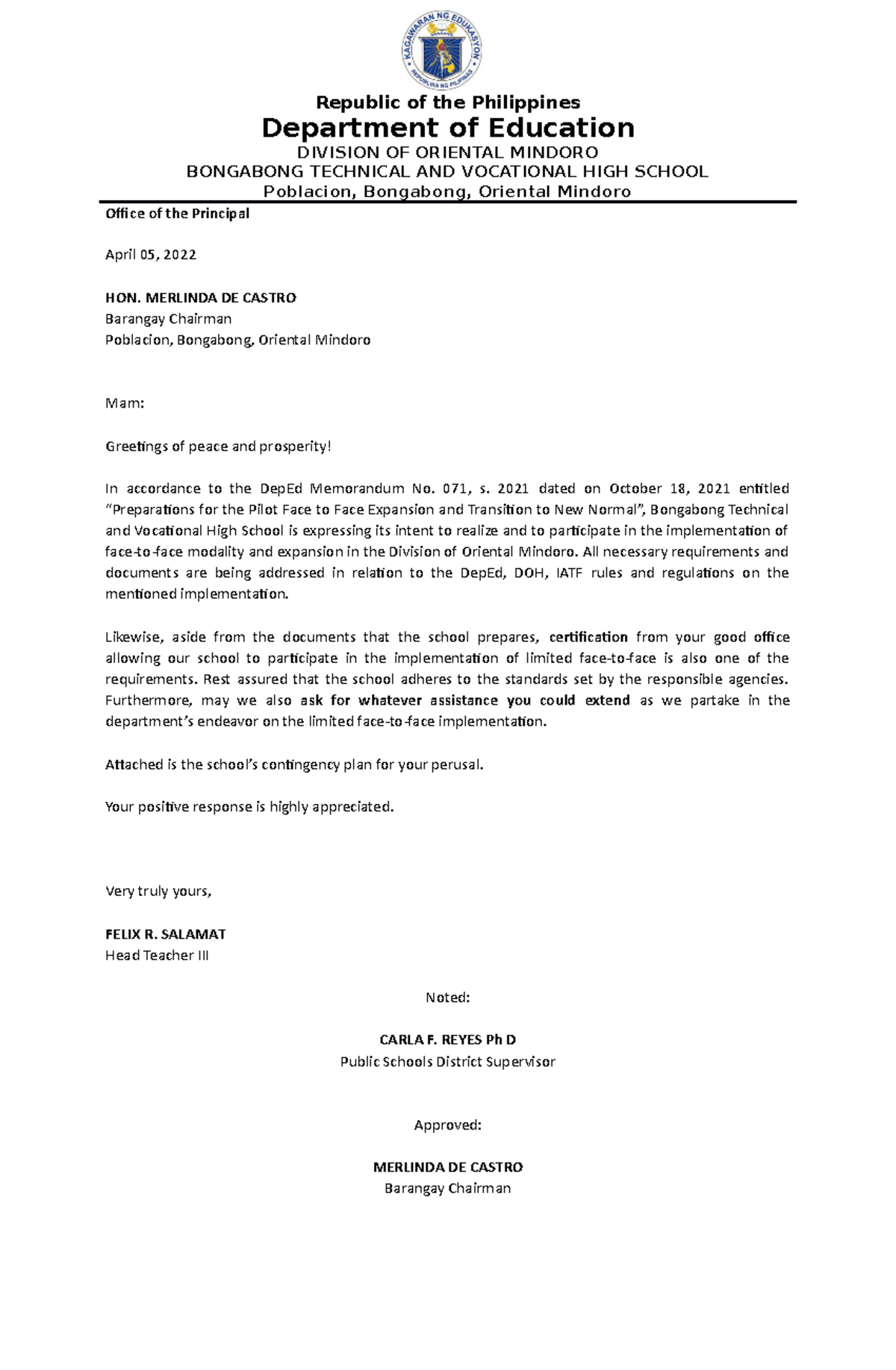 Letter of Certication for F2F Implementation - Republic of the ...