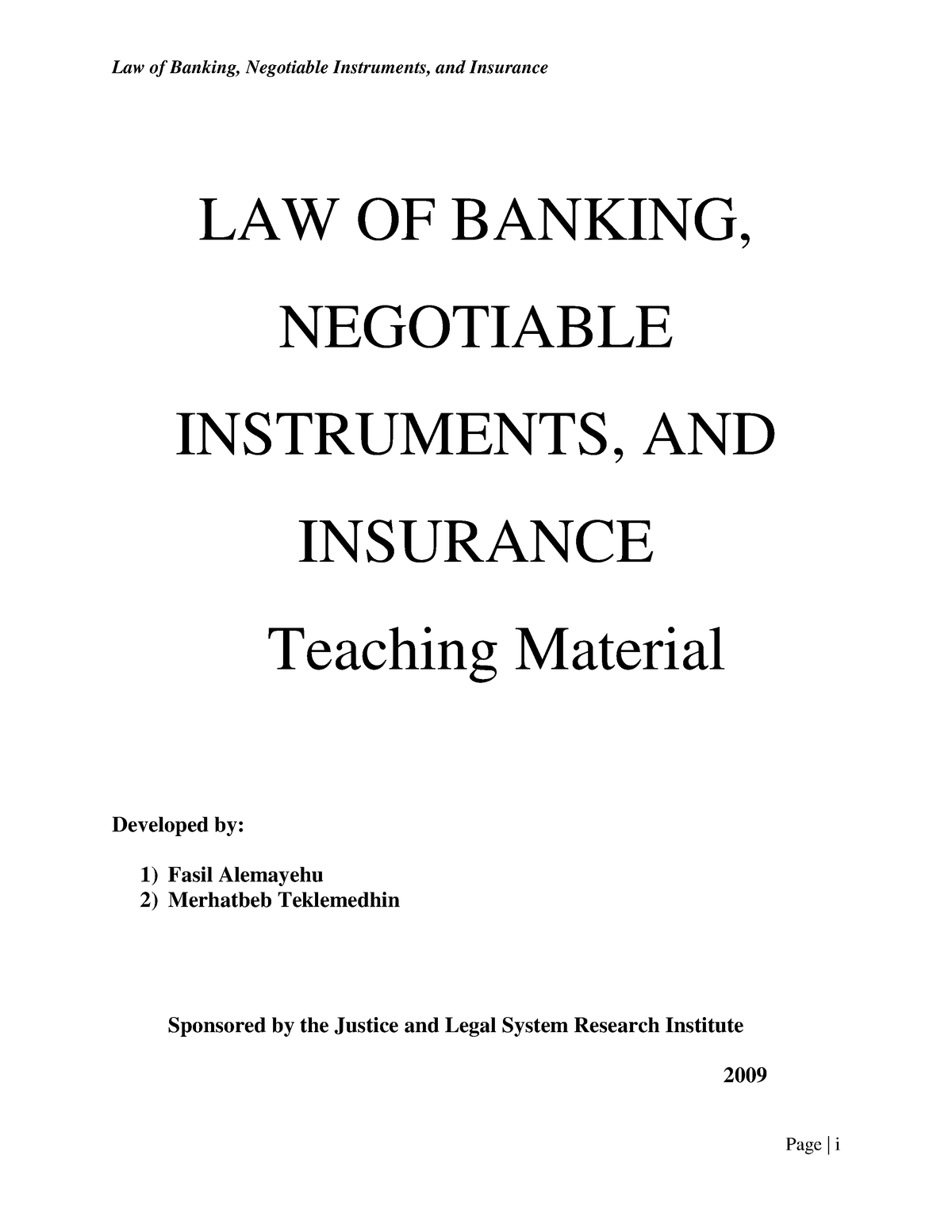 Law of Banking, Negotiable Instruments and Insurance Teaching Material ...