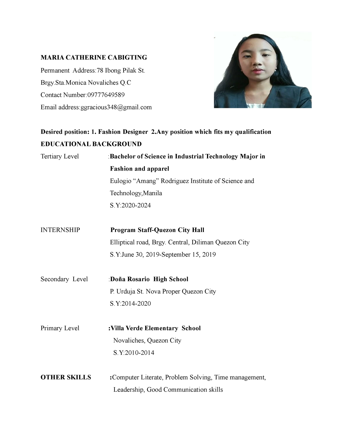 English Resume - MARIA CATHERINE CABIGTING Permanent Address:78 Ibong ...