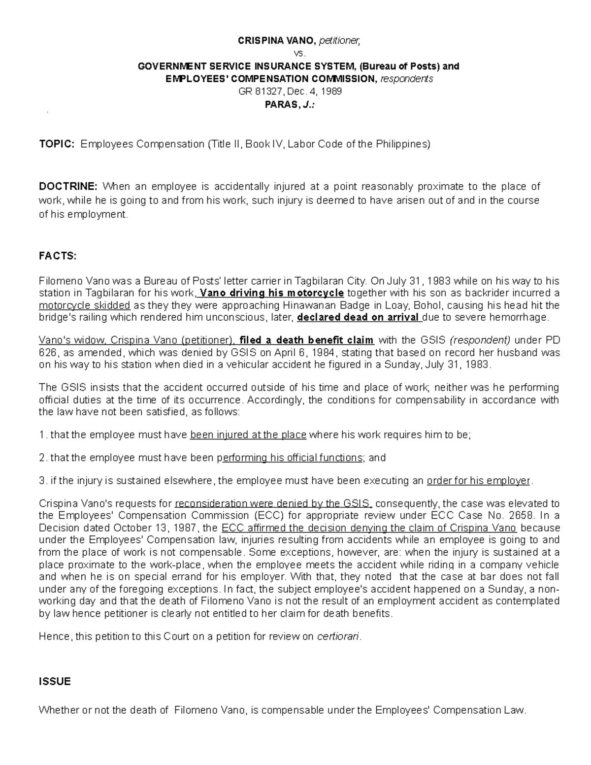 10. Vano v. GSIS; GR 81327, Dec. 4, 1989 - CRISPINA VANO, petitioner ...