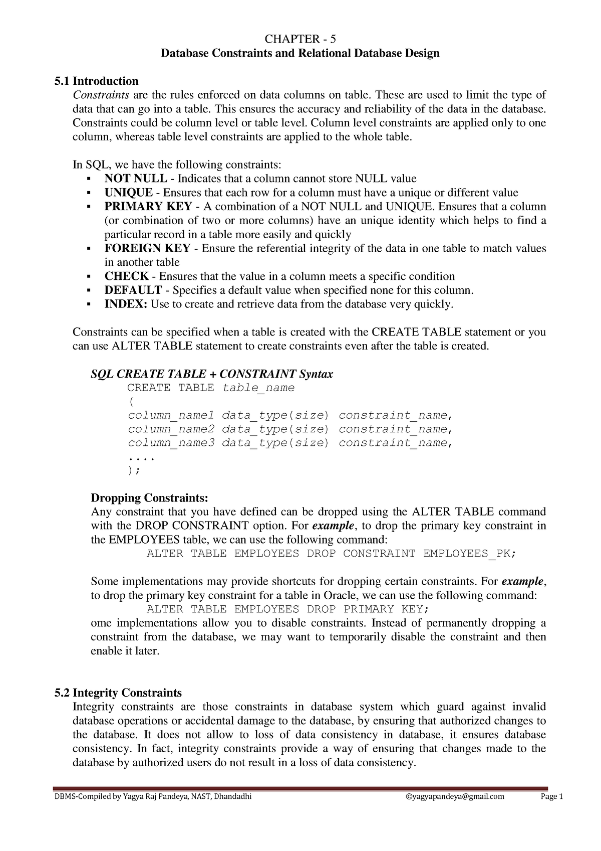 DBMS Chapter-5 - DBMS Chapter 5 - CHAPTER - 5 Database Constraints And ...