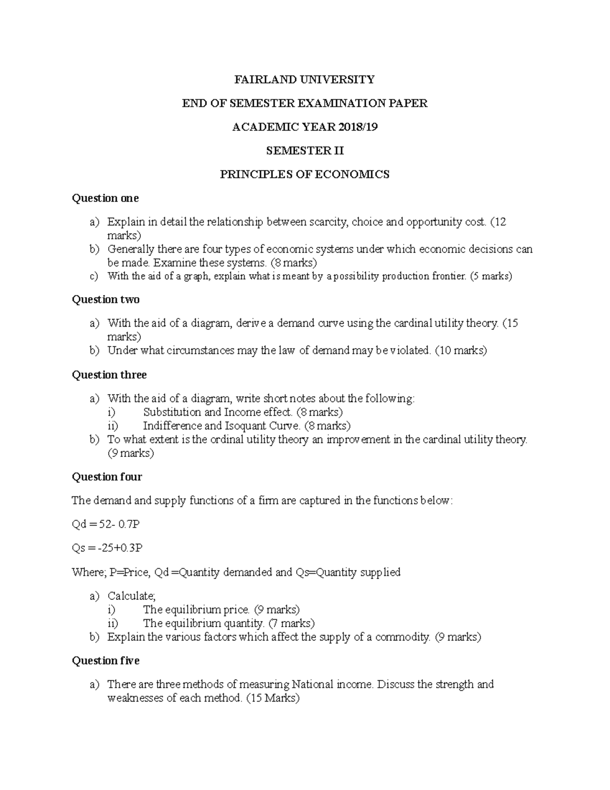 Exam 6 April 2019, questions - FAIRLAND UNIVERSITY END OF SEMESTER ...