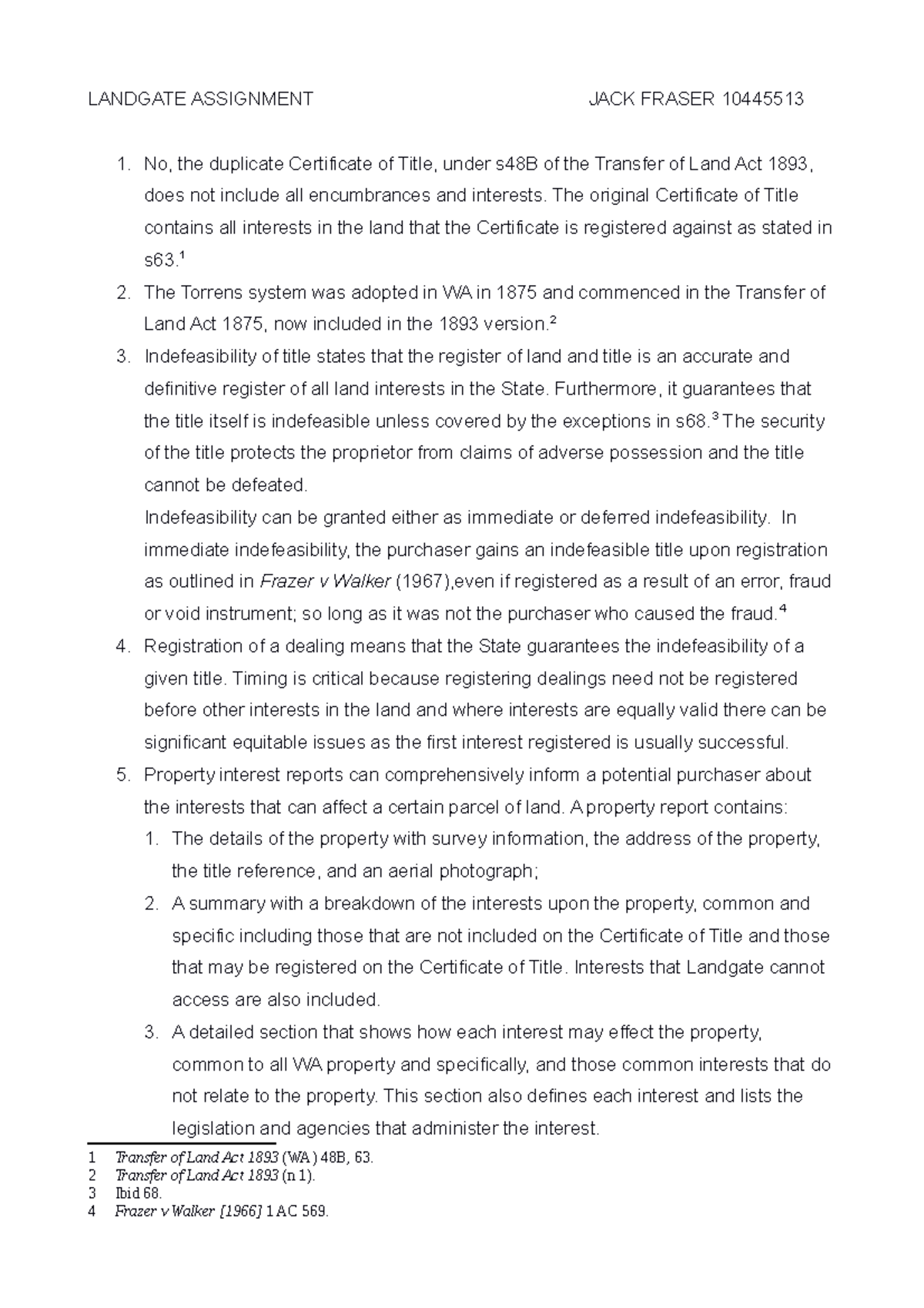 Prop Landgate - Law notes - LANDGATE ASSIGNMENT JACK FRASER 10445513 No ...