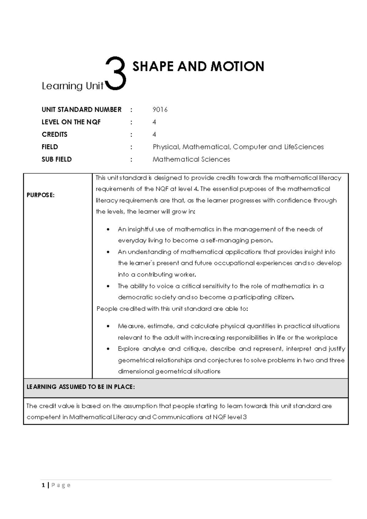 Shape AND Motion notes Learning Unit 3 UNIT STANDARD NUMBER 9016
