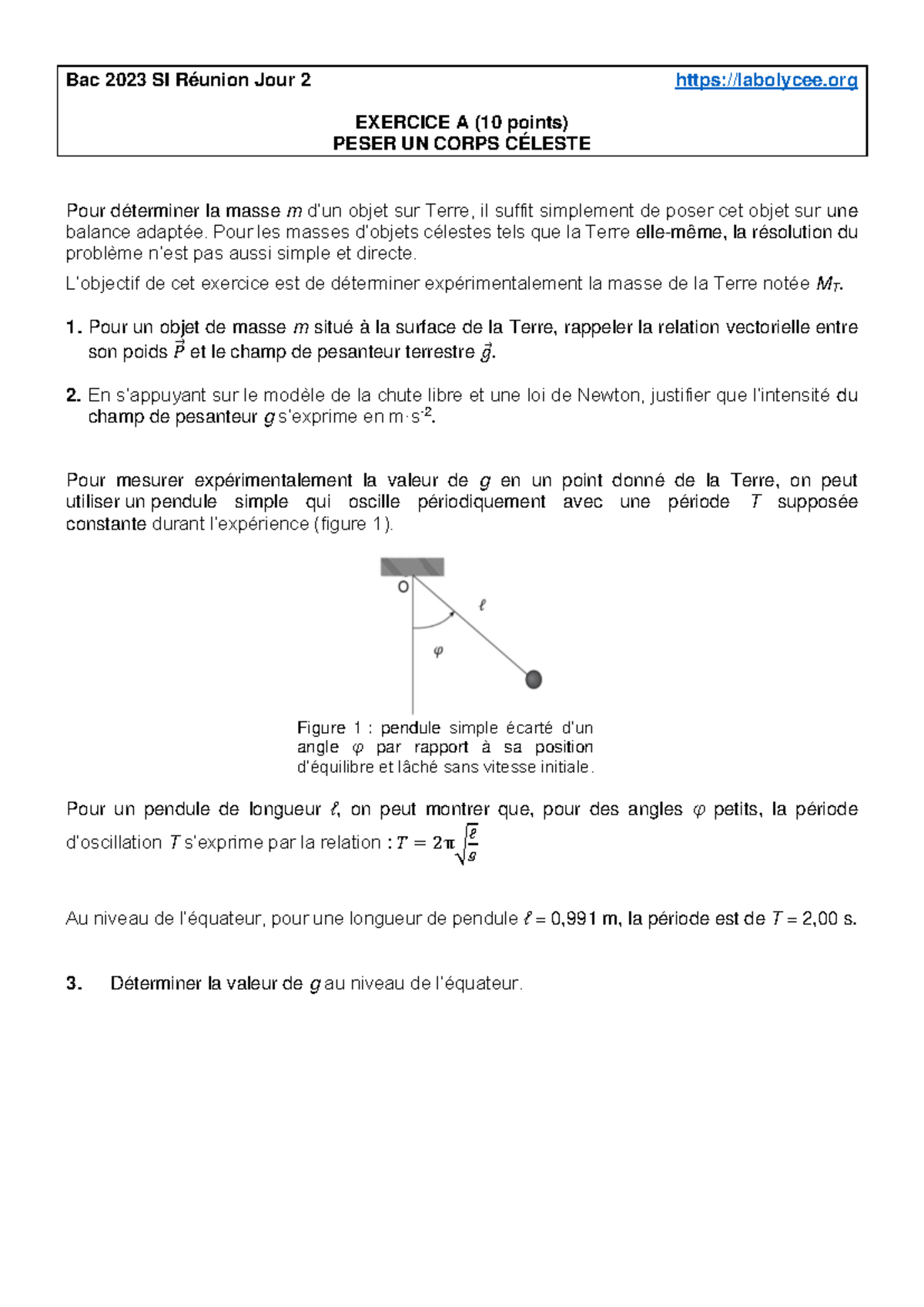 Peser un corps céleste - Bac 202 3 SI Réunion Jour 2 labolycee EXERCICE ...