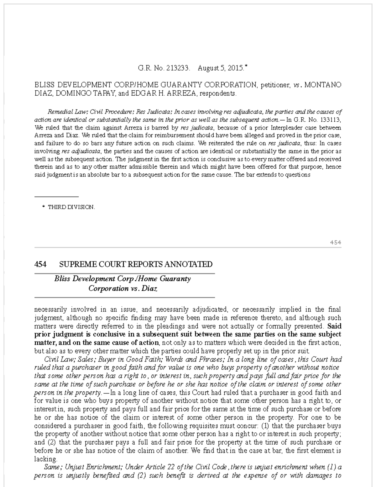 1. Bliss Development Corp. vs. Diaz - G. No. 213233. August 5, 2015 ...