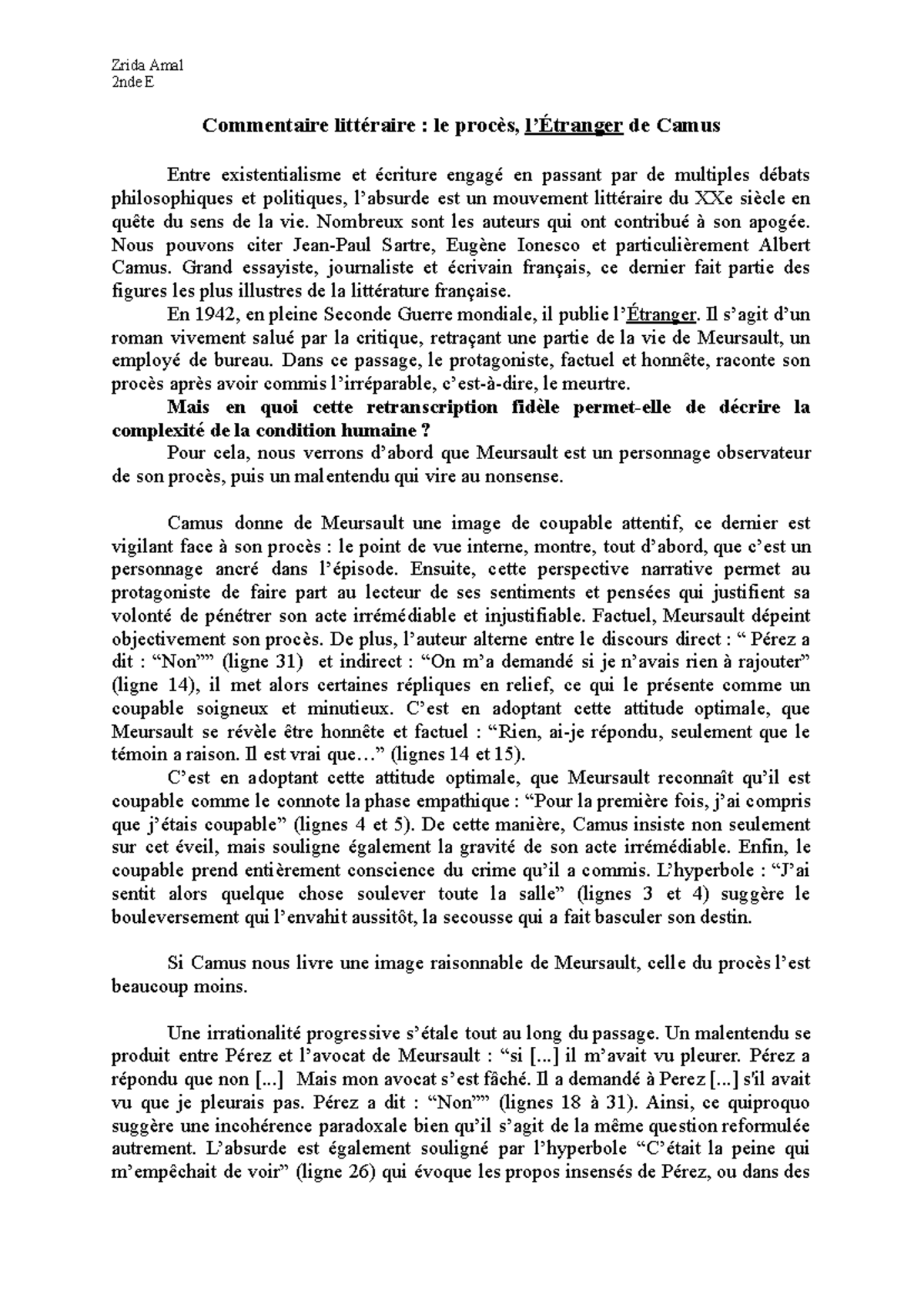 Commentaire littéraire : le procès, l'Étranger de Camus - Zrida Amal ...