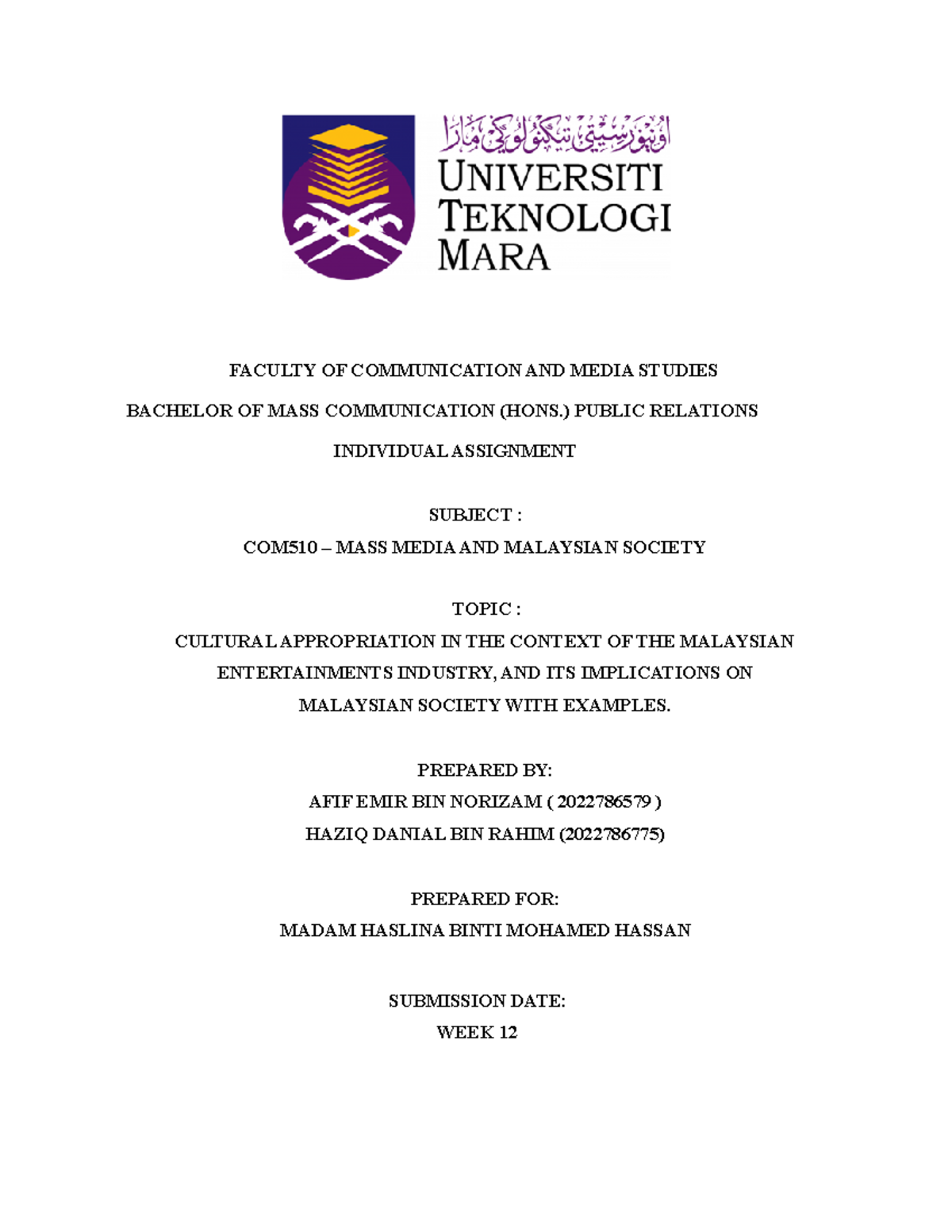 COM510 Pairwork - FACULTY OF COMMUNICATION AND MEDIA STUDIES BACHELOR ...