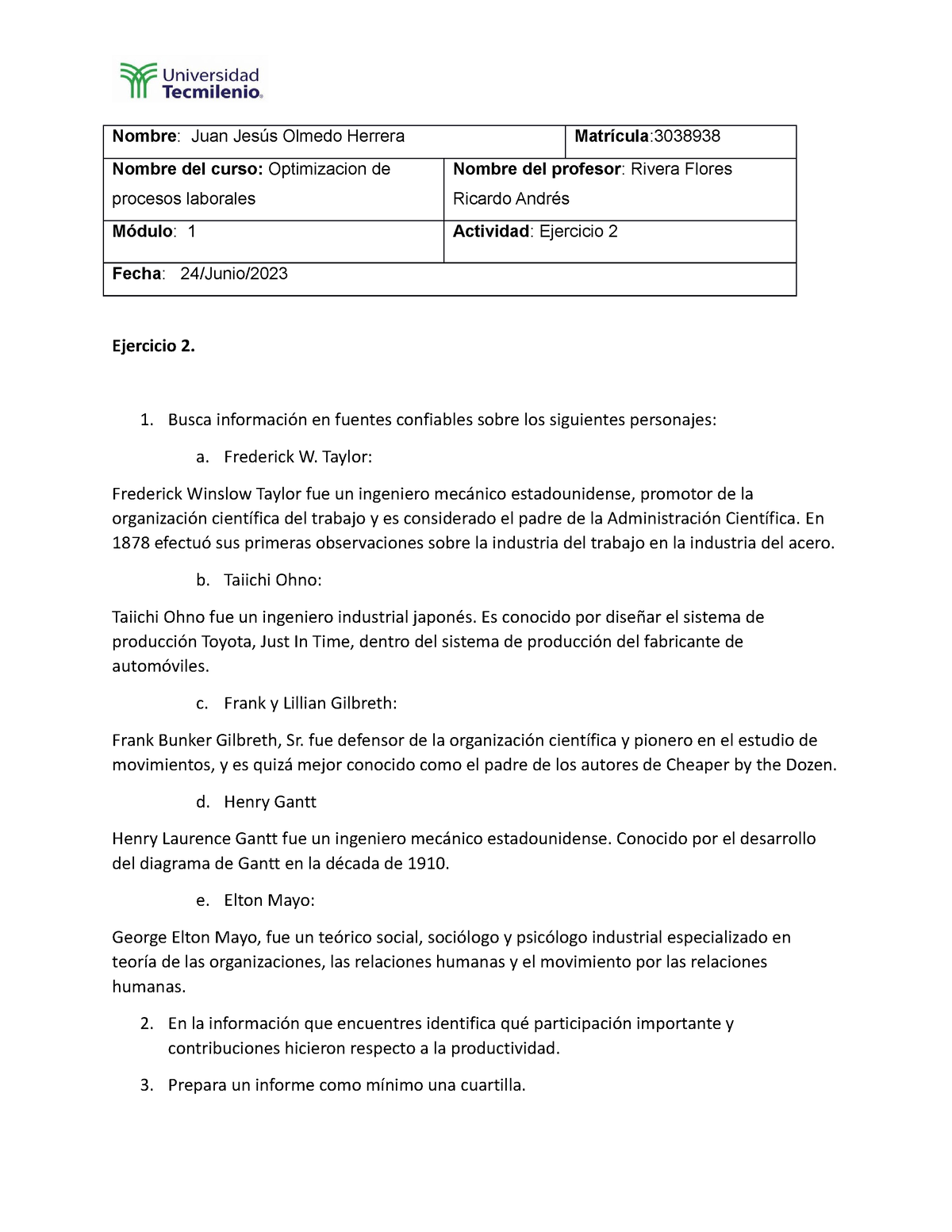 Ejercicio 2 Optimizacion DE Procesos Laborales - Optimización de ...